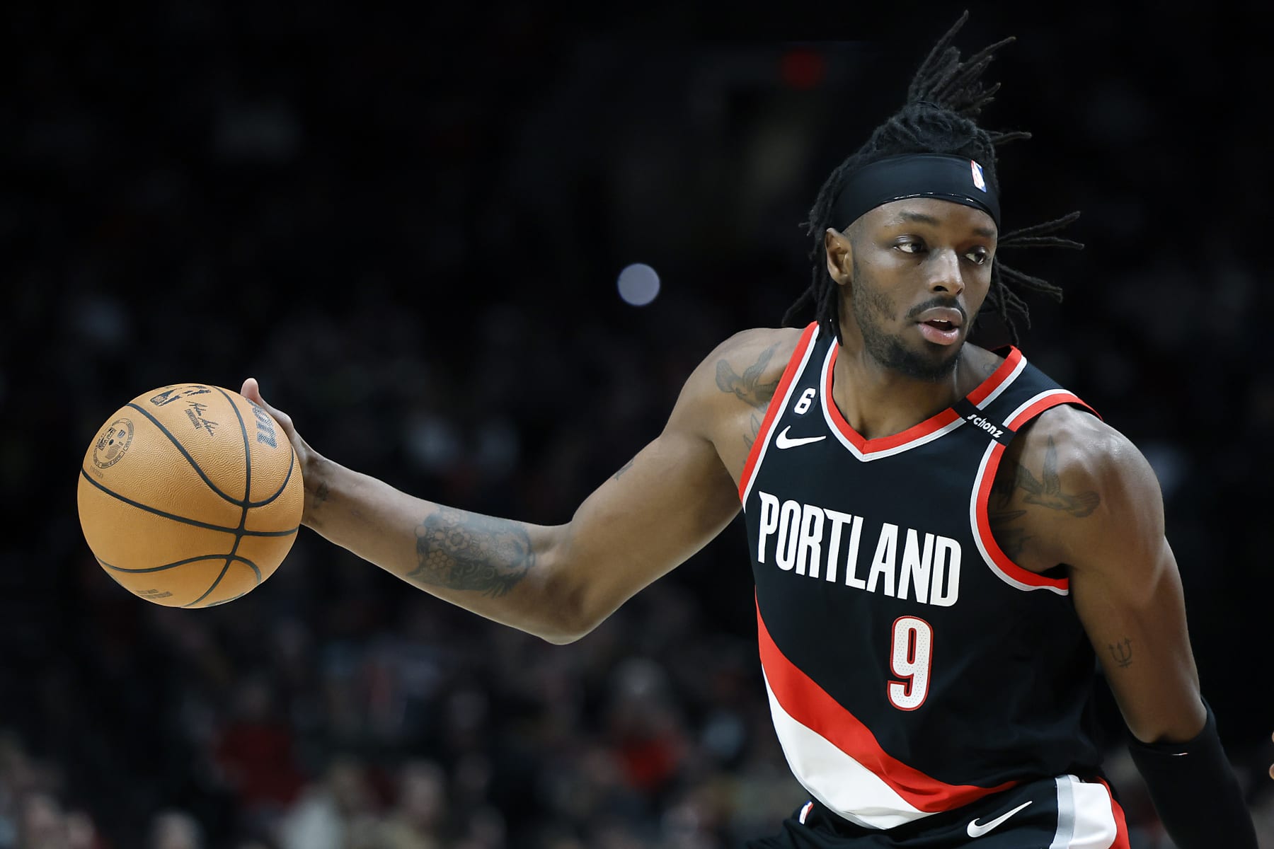 PORTLAND, OREGON - JANUARY 30: Jerami Grant #9 of the Portland Trail Blazers controls the ball against the Atlanta Hawks during the first half at Moda Center on January 30, 2023 in Portland, Oregon. NOTE TO USER: User expressly acknowledges and agrees that, by downloading and or using this photograph, User is consenting to the terms and conditions of the Getty Images License Agreement.  (Photo by Soobum Im/Getty Images)