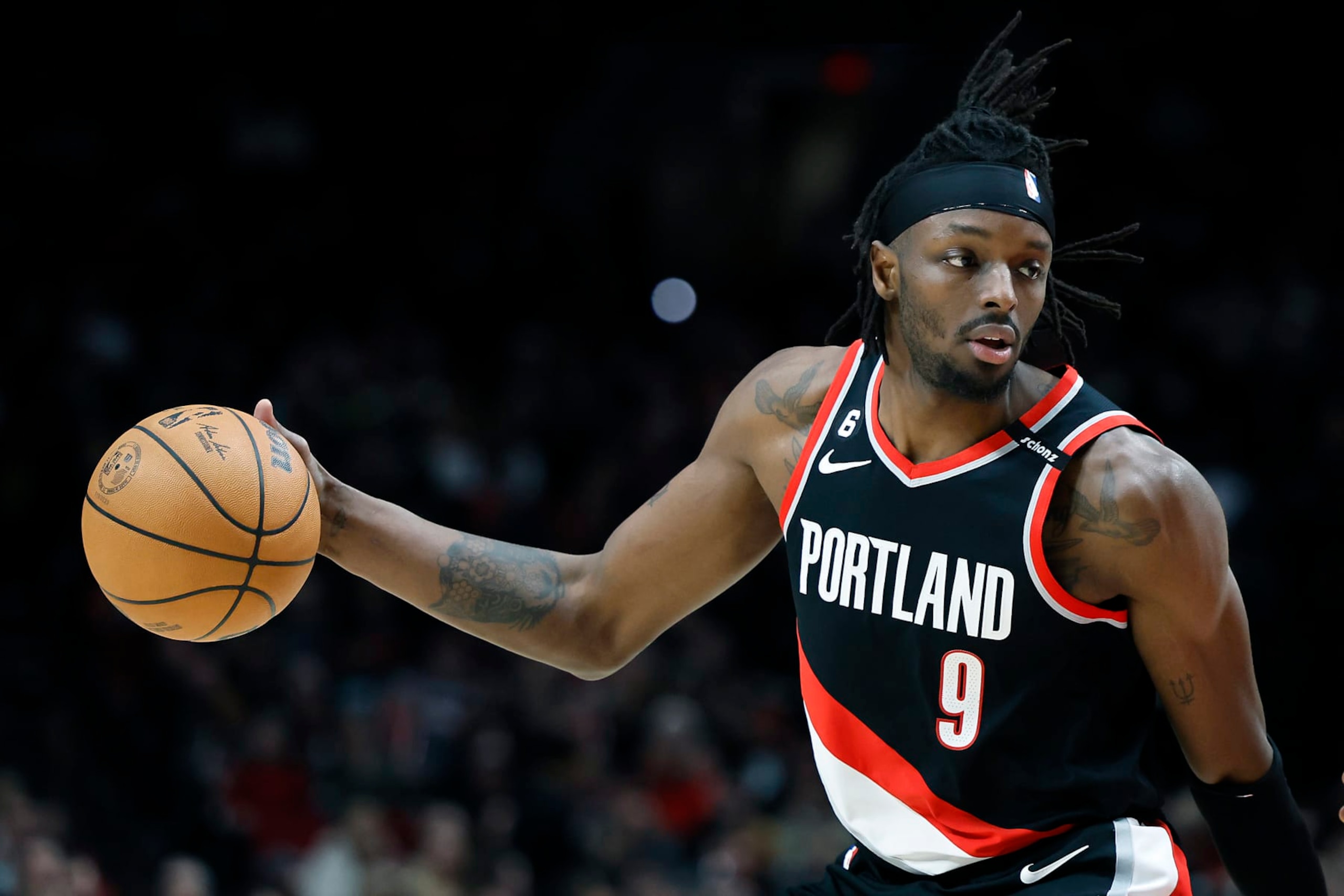 PORTLAND, OREGON - JANUARY 30: Jerami Grant #9 of the Portland Trail Blazers controls the ball against the Atlanta Hawks during the first half at Moda Center on January 30, 2023 in Portland, Oregon. NOTE TO USER: User expressly acknowledges and agrees that, by downloading and or using this photograph, User is consenting to the terms and conditions of the Getty Images License Agreement. (Photo by Soobum Im/Getty Images) PORTLAND, OREGON - JANUARY 30: Jerami Grant #9 of the Portland Trail Blazers controls the ball against the Atlanta Hawks during the first half at Moda Center on January 30, 2023 in Portland, Oregon. NOTE TO USER: User expressly acknowledges and agrees that, by downloading and or using this photograph, User is consenting to the terms and conditions of the Getty Images License Agreement. (Photo by Soobum Im/Getty Images)