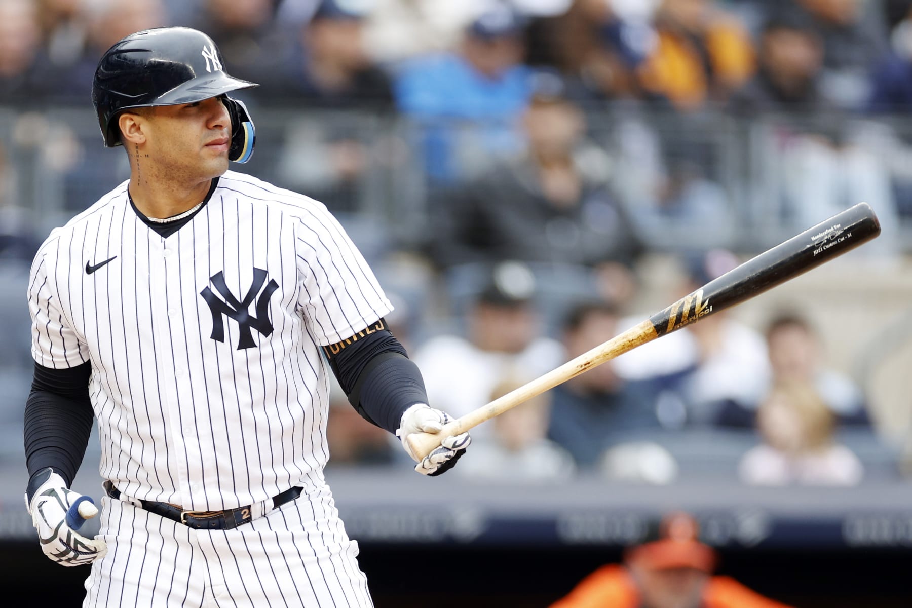 NEW YORK, NEW YORK - OCTOBER 01: Gleyber Torres #25 of the New York Yankees at bat during the second inning against the Baltimore Orioles at Yankee Stadium on October 01, 2022 in the Bronx borough of New York City. (Photo by Sarah Stier/Getty Images)
