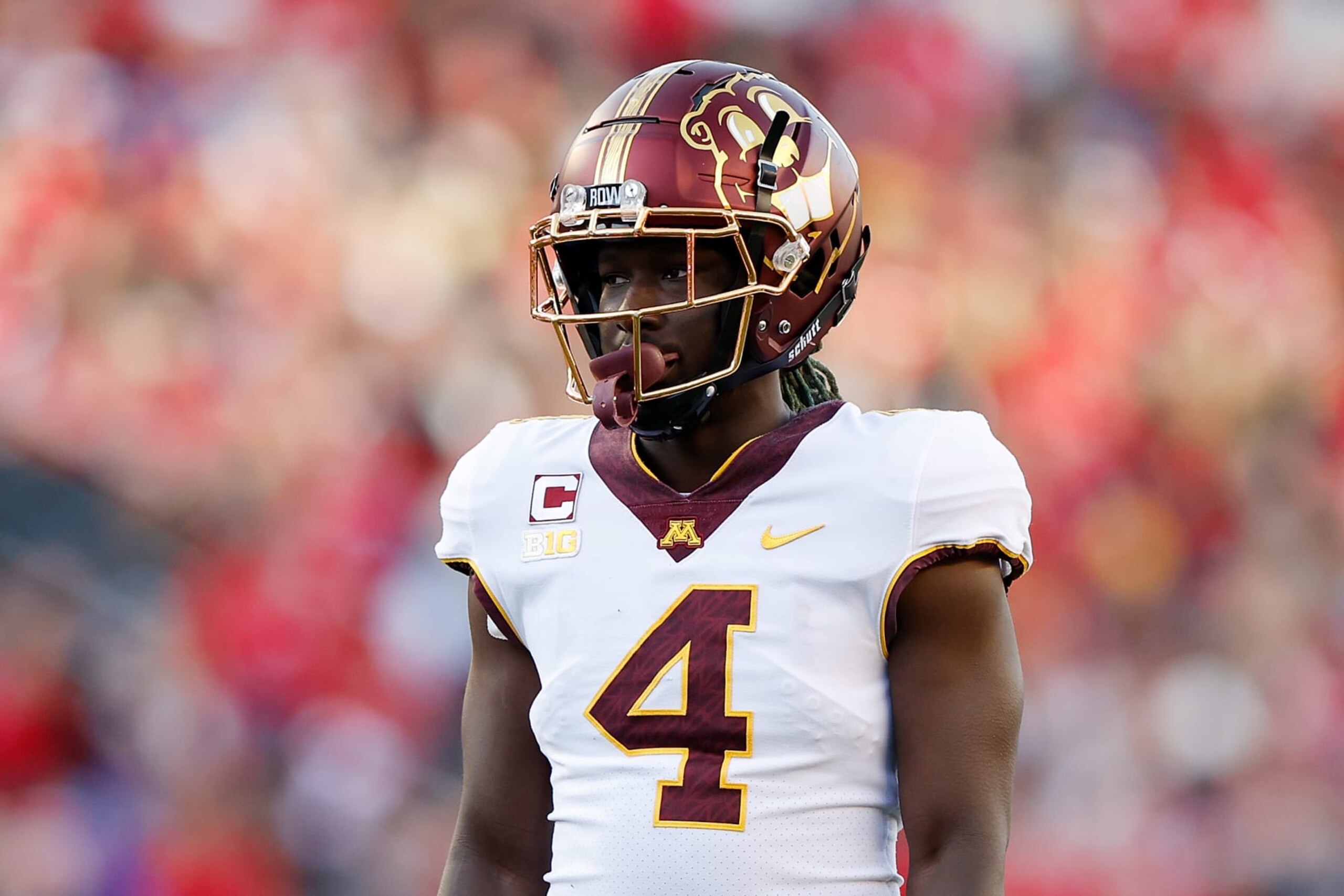 MADISON, WISCONSIN - NOVEMBER 26: Terell Smith #4 of the Minnesota Golden Gophers looks on during the game against the Wisconsin Badgers at Camp Randall Stadium on November 26, 2022 in Madison, Wisconsin. (Photo by John Fisher/Getty Images) MADISON, WISCONSIN - NOVEMBER 26: Terell Smith #4 of the Minnesota Golden Gophers looks on during the game against the Wisconsin Badgers at Camp Randall Stadium on November 26, 2022 in Madison, Wisconsin. (Photo by John Fisher/Getty Images)