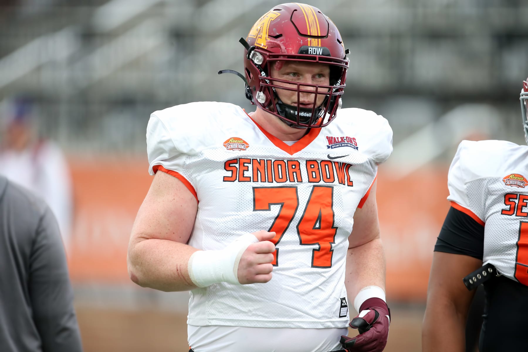 MOBILE, AL - FEBRUARY 02: American offensive lineman John Michael Schmitz of Minnesota (74) during the Reese's Senior Bowl team practice session on February 2, 2023 at Hancock Whitney Stadium in Mobile, Alabama.  (Photo by Michael Wade/Icon Sportswire via Getty Images)
