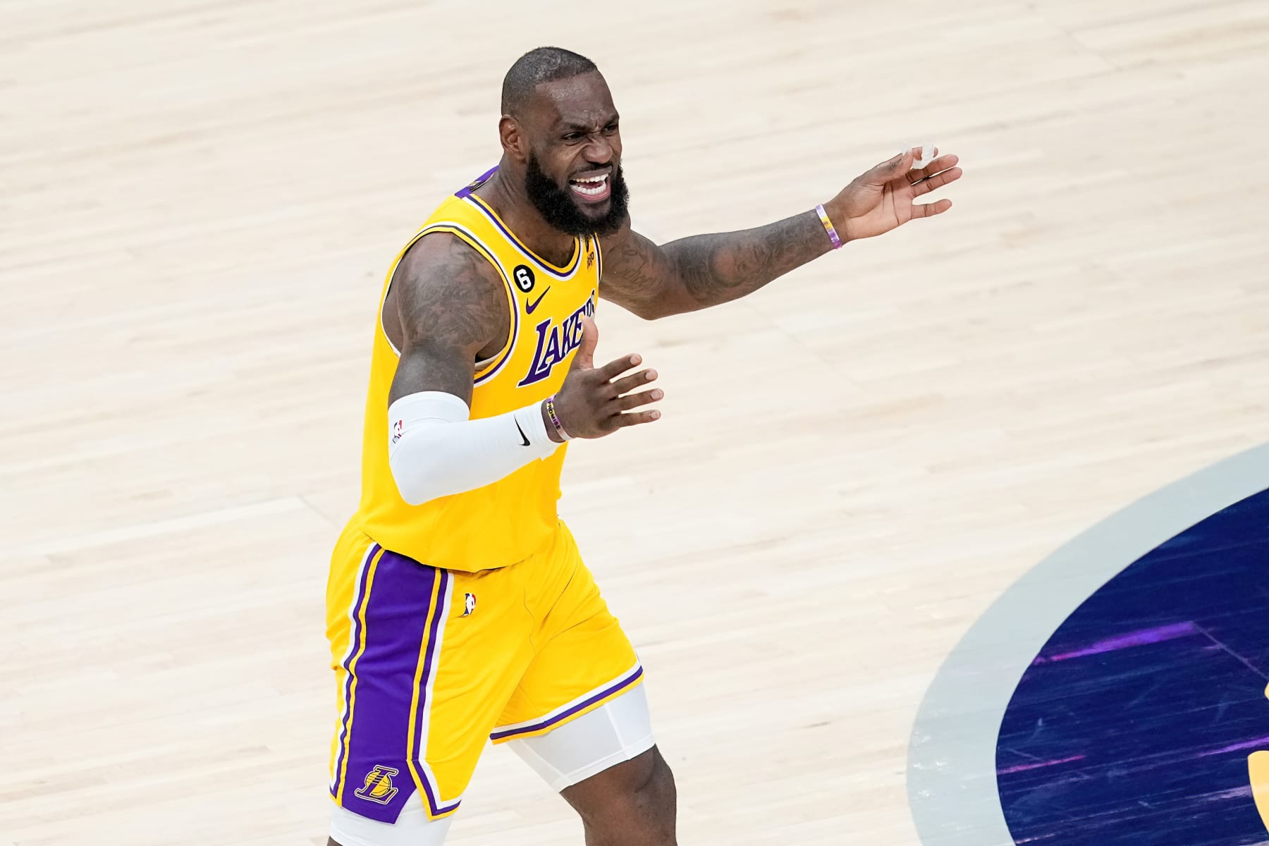 INDIANAPOLIS, INDIANA - FEBRUARY 02: LeBron James #6 of the Los Angeles Lakers reacts in the fourth quarter against the Indiana Pacers at Gainbridge Fieldhouse on February 02, 2023 in Indianapolis, Indiana. NOTE TO USER: User expressly acknowledges and agrees that, by downloading and or using this photograph, User is consenting to the terms and conditions of the Getty Images License Agreement. (Photo by Dylan Buell/Getty Images)