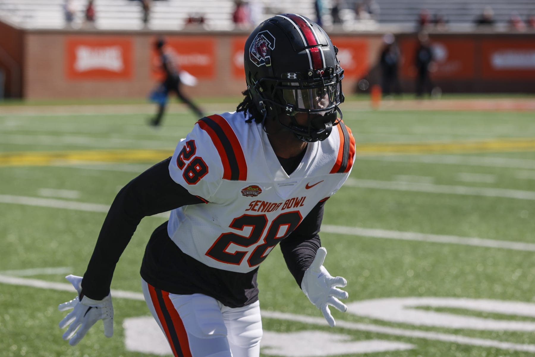 American defensive back Darius Rush of South Carolina (28) warms up before the first half of the Senior Bowl NCAA college football game Saturday, Feb. 4, 2023, in Mobile, Ala.. (AP Photo/Butch Dill)