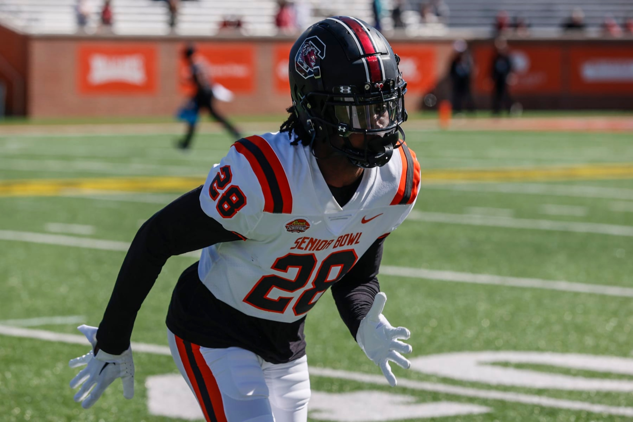 American defensive back Darius Rush of South Carolina (28) warms up before the first half of the Senior Bowl NCAA college football game Saturday, Feb. 4, 2023, in Mobile, Ala.. (AP Photo/Butch Dill)