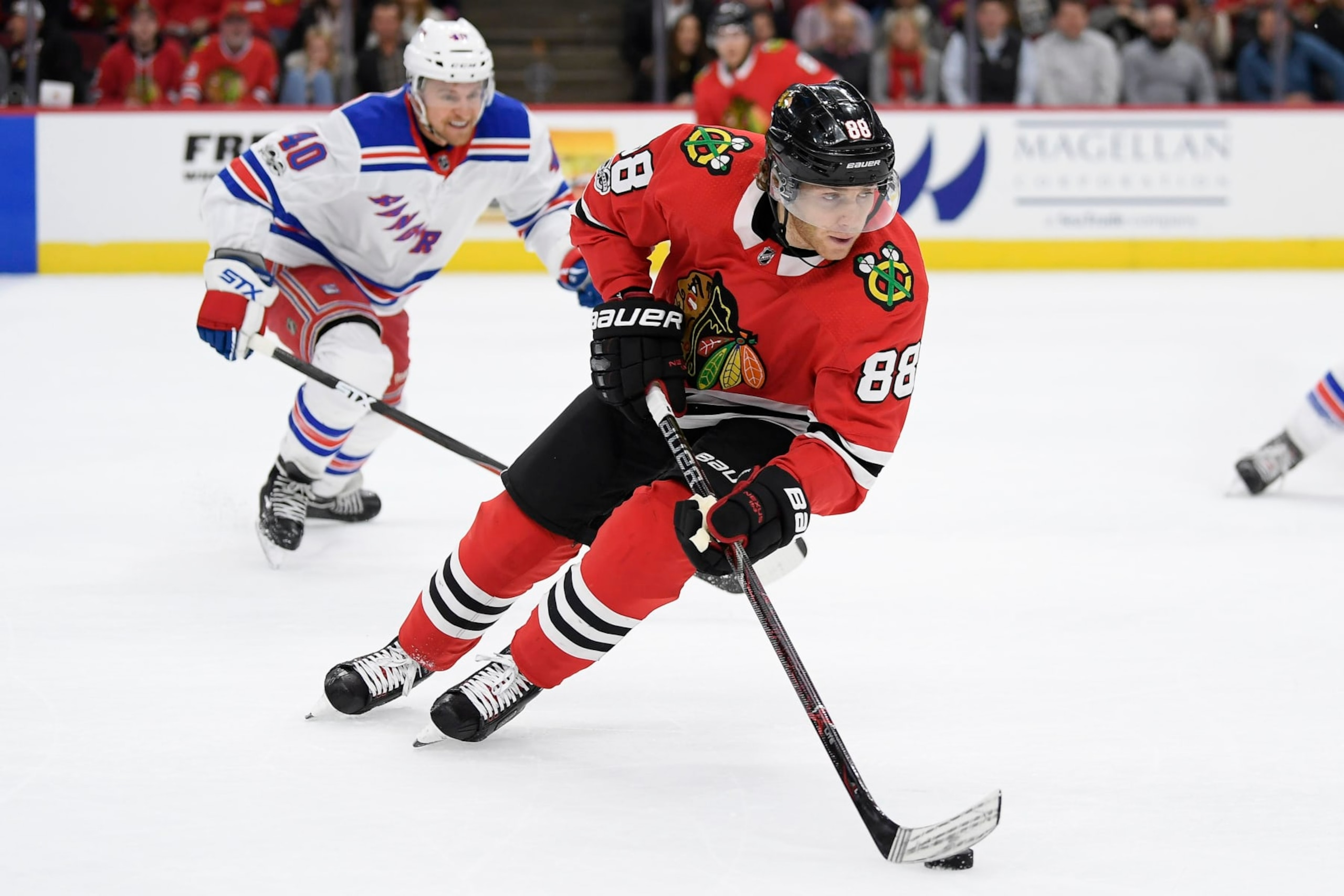 CHICAGO, IL - NOVEMBER 15: Chicago Blackhawks right wing Patrick Kane (88) skates with the puck in the first period during a game between the Chicago Blackhawks and the New York Rangers on November 15, 2017, at the United Center in Chicago, IL. (Photo by Robin Alam/Icon Sportswire via Getty Images)