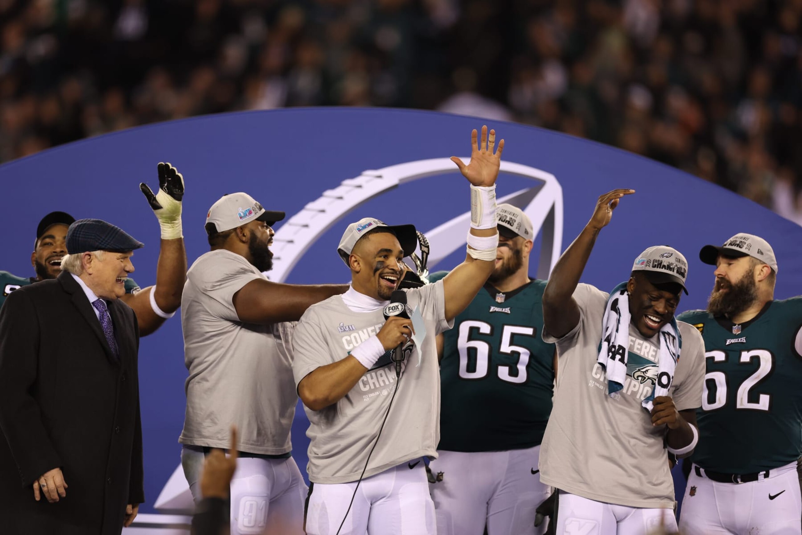 Football: NFC Championship: Philadelphia Eagles Jalen Hurts (1) in action, celebrates on the podium following victory vs San Francisco 49ers at Lincoln Financial Stadium. 
Philadelphia, PA 1/29/2023 
CREDIT: Simon Bruty (Photo by Simon Bruty/Sports Illustrated via Getty Images) 
(Set Number: X164295 TK1)