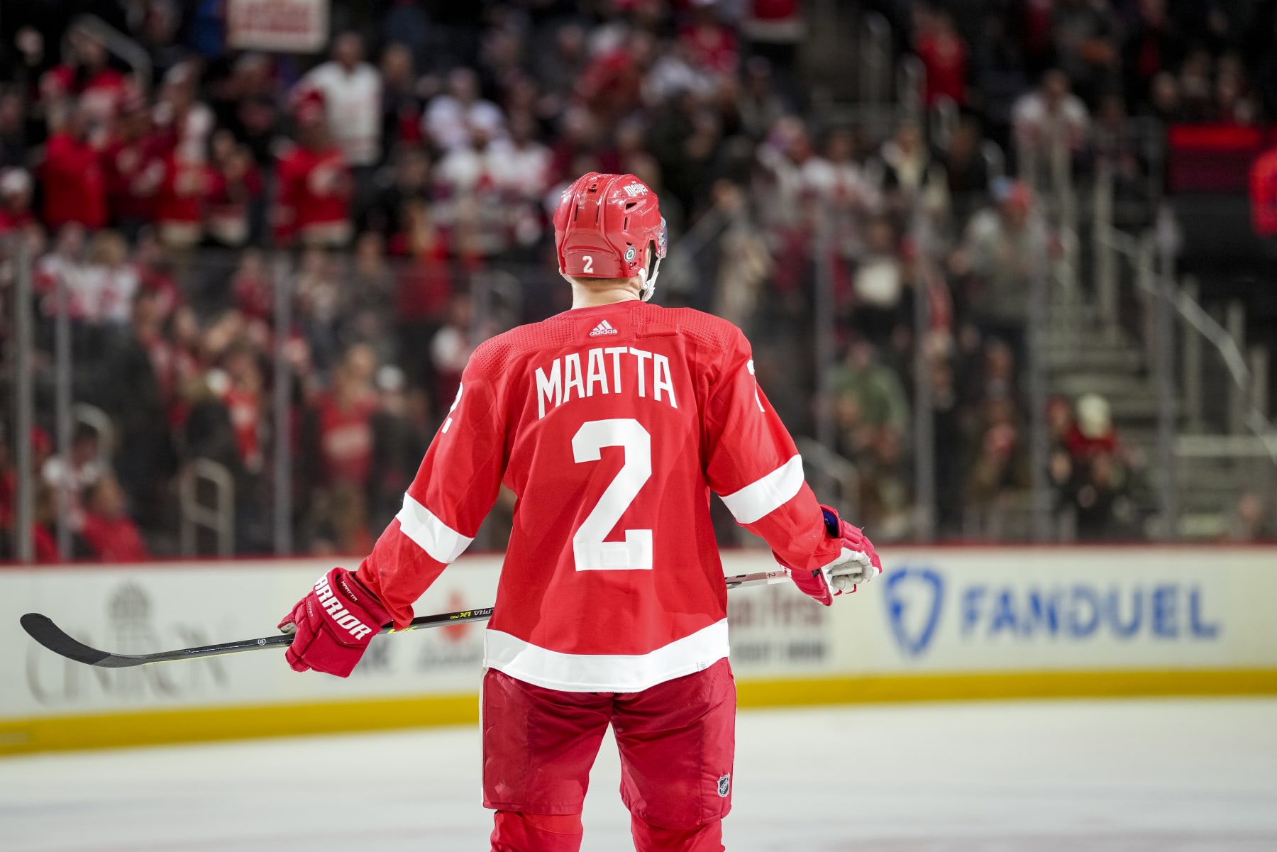 DETROIT, MICHIGAN - JANUARY 14: A rear view is pictured as Olli Maatta #2 of the Detroit Red Wings looks on against the Columbus Blue Jackets during the third period at Little Caesars Arena on January 14, 2023 in Detroit, Michigan. (Photo by Nic Antaya/Getty Images)