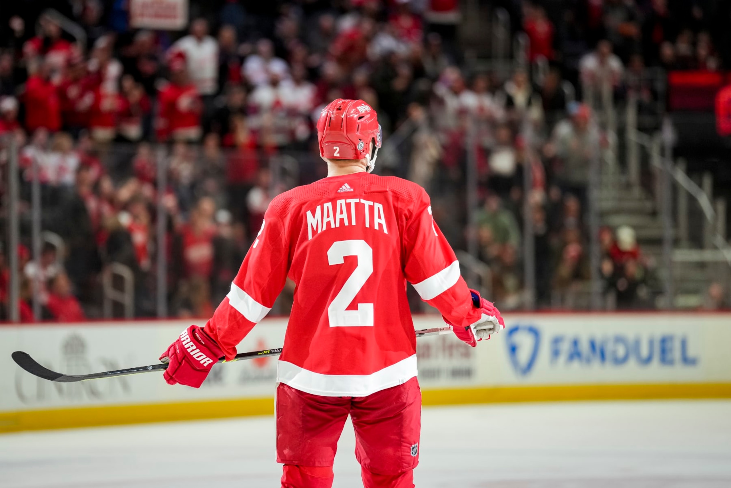 DETROIT, MICHIGAN - JANUARY 14: A rear view is pictured as Olli Maatta #2 of the Detroit Red Wings looks on against the Columbus Blue Jackets during the third period at Little Caesars Arena on January 14, 2023 in Detroit, Michigan. (Photo by Nic Antaya/Getty Images)