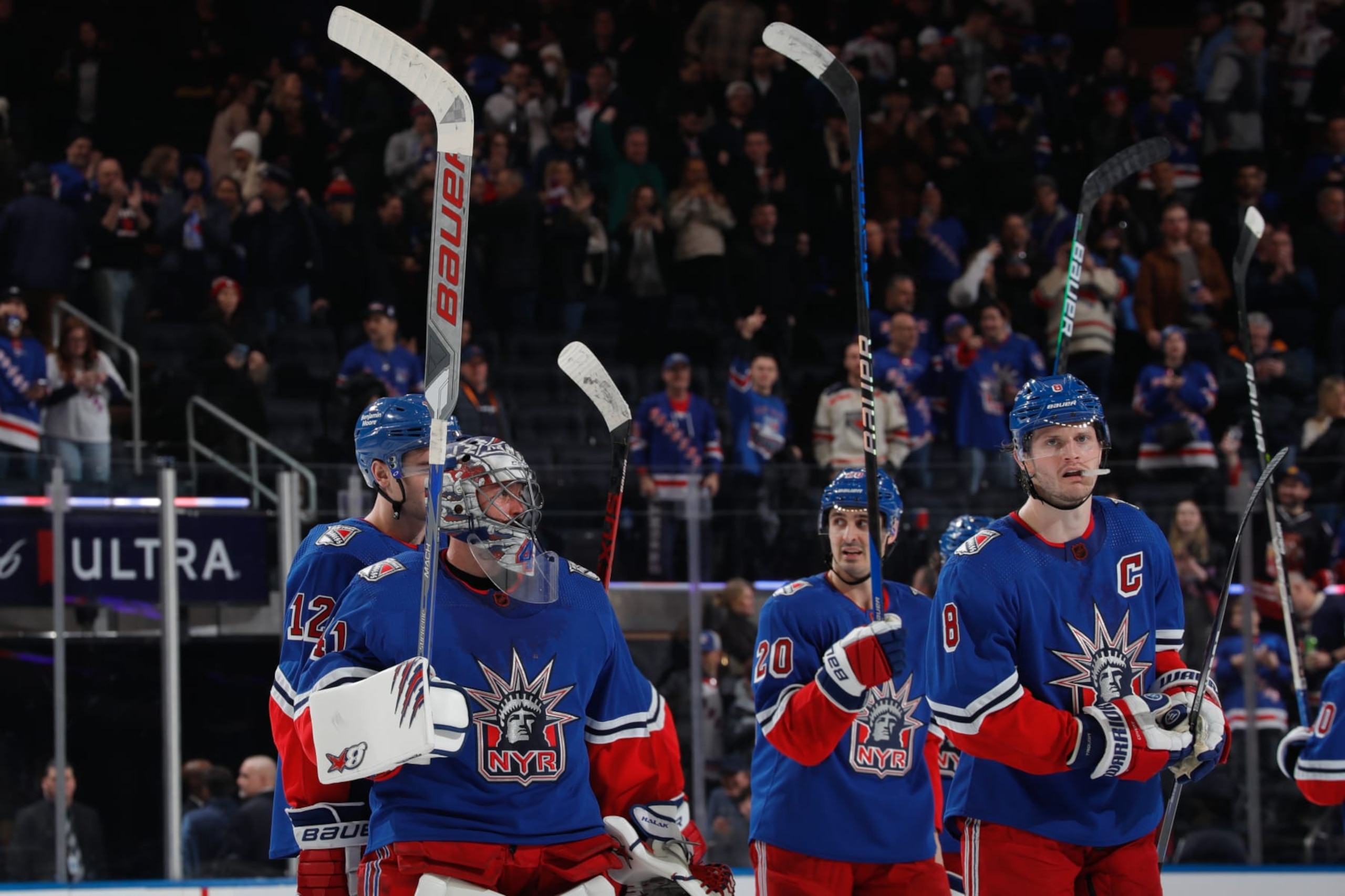 NEW YORK, NEW YORK - JANUARY 27:  Jarosalv Halak #41 and the New York Rangers celebrate after a 4-1 win against the Vegas Golden Knights at Madison Square Garden on January 27, 2023 in New York City. (Photo by Jared Silber/NHLI via Getty Images)