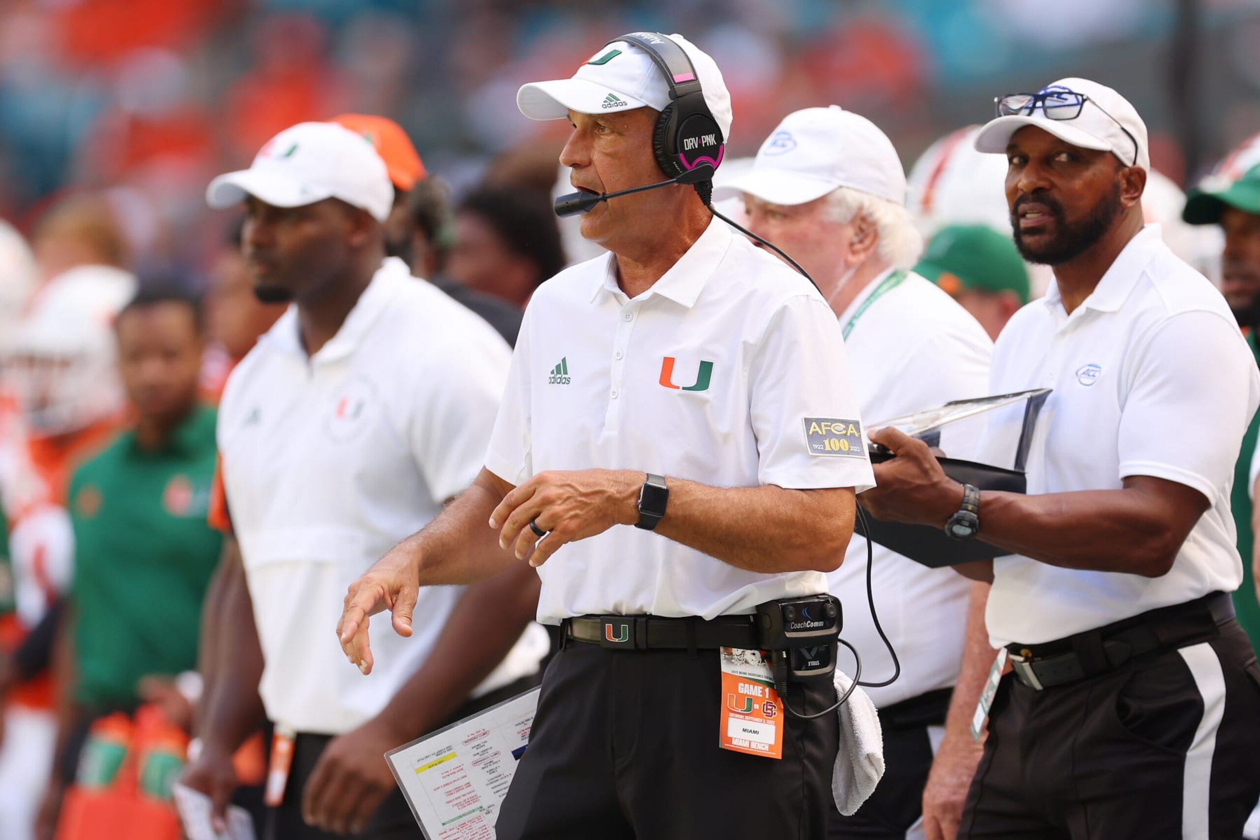 MIAMI GARDENS, FLORIDA - SEPTEMBER 03: Defensive coordinator Kevin Steele of the Miami Hurricanes looks on during the first half against the Bethune Cookman Wildcats at Hard Rock Stadium on September 03, 2022 in Miami Gardens, Florida. (Photo by Michael Reaves/Getty Images)