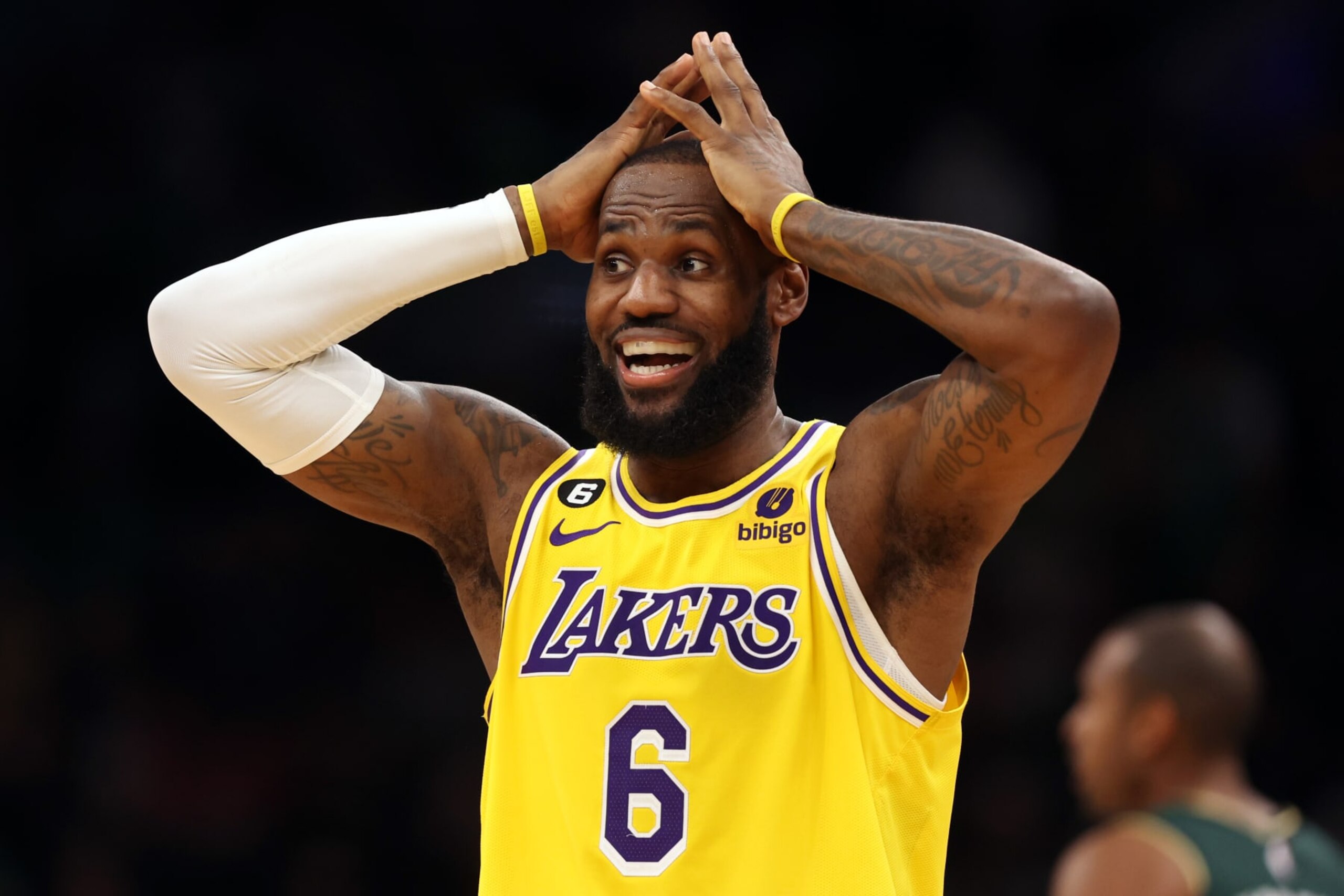 BOSTON, MASSACHUSETTS - JANUARY 28: LeBron James #6 of the Los Angeles Lakers reacts during the fourth quarter against the Boston Celtics at TD Garden on January 28, 2023 in Boston, Massachusetts. The Celtics defeat the Lakers in overtime 125-121.  (Photo by Maddie Meyer/Getty Images)