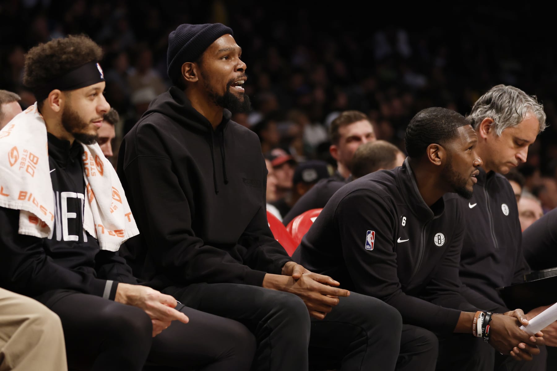 NEW YORK, NEW YORK - JANUARY 30: Kevin Durant #7 of the Brooklyn Nets looks on from the bench during the second half against the Los Angeles Lakers at Barclays Center on January 30, 2023 in the Brooklyn borough of New York City. The Nets won 121-104. NOTE TO USER: User expressly acknowledges and agrees that, by downloading and/or using this photograph, User is consenting to the terms and conditions of the Getty Images License Agreement. (Photo by Sarah Stier/Getty Images)