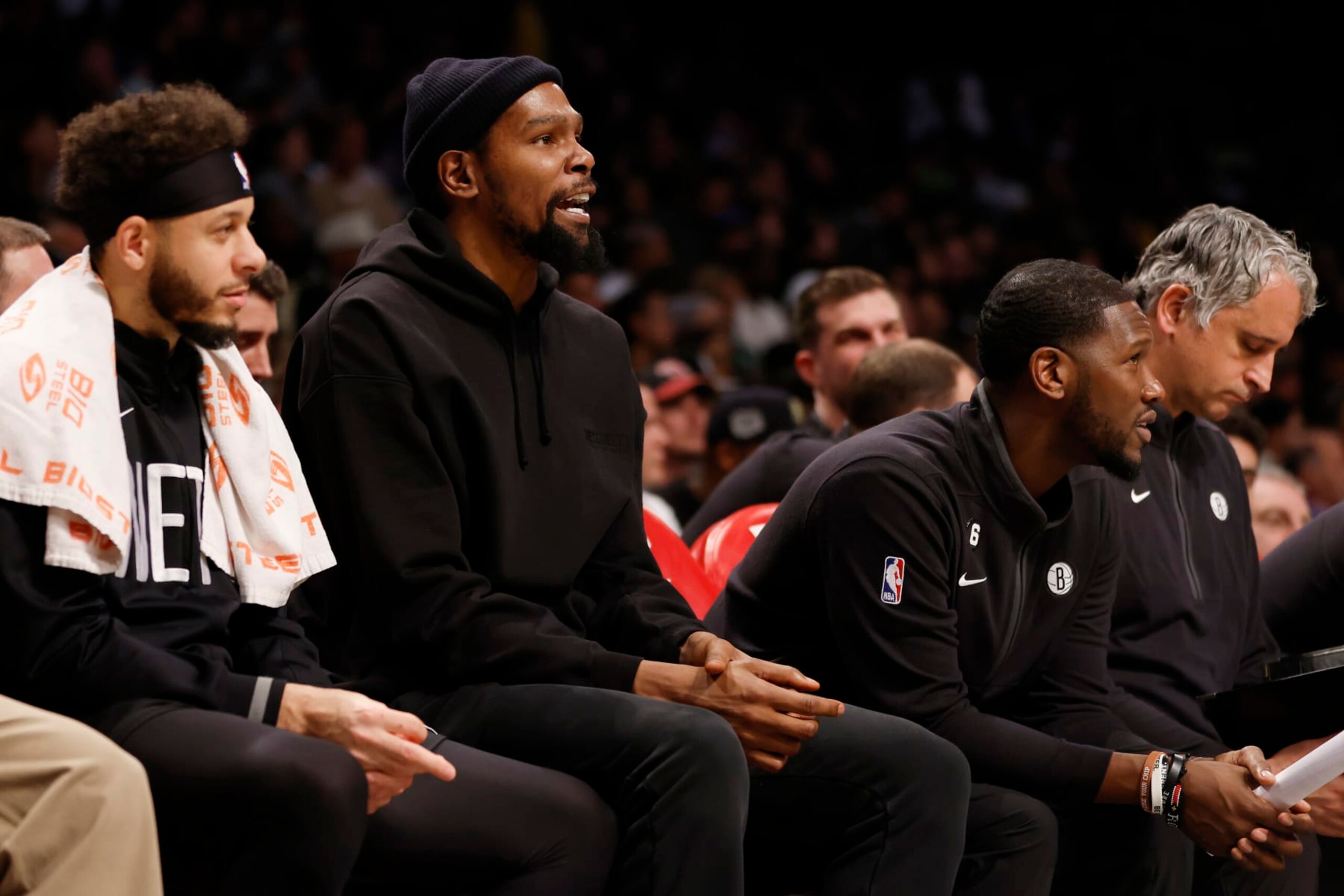 NEW YORK, NEW YORK - JANUARY 30: Kevin Durant #7 of the Brooklyn Nets looks on from the bench during the second half against the Los Angeles Lakers at Barclays Center on January 30, 2023 in the Brooklyn borough of New York City. The Nets won 121-104. NOTE TO USER: User expressly acknowledges and agrees that, by downloading and/or using this photograph, User is consenting to the terms and conditions of the Getty Images License Agreement. (Photo by Sarah Stier/Getty Images) NEW YORK, NEW YORK - JANUARY 30: Kevin Durant #7 of the Brooklyn Nets looks on from the bench during the second half against the Los Angeles Lakers at Barclays Center on January 30, 2023 in the Brooklyn borough of New York City. The Nets won 121-104. NOTE TO USER: User expressly acknowledges and agrees that, by downloading and/or using this photograph, User is consenting to the terms and conditions of the Getty Images License Agreement. (Photo by Sarah Stier/Getty Images)