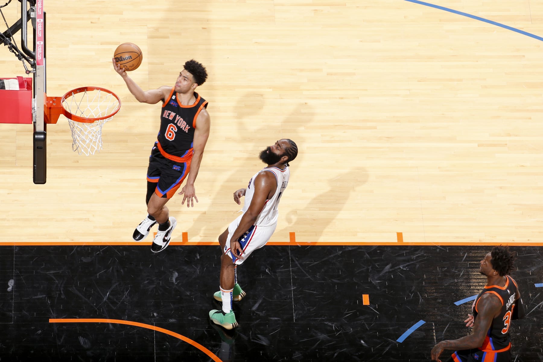 NEW YORK, NY - FEBRUARY 5: Quentin Grimes #6 of the New York Knicks drives to the basket during the game against the Philadelphia 76ers on February 5, 2023 at Madison Square Garden in New York City, New York.  NOTE TO USER: User expressly acknowledges and agrees that, by downloading and or using this photograph, User is consenting to the terms and conditions of the Getty Images License Agreement. Mandatory Copyright Notice: Copyright 2023 NBAE  (Photo by Nathaniel S. Butler/NBAE via Getty Images)