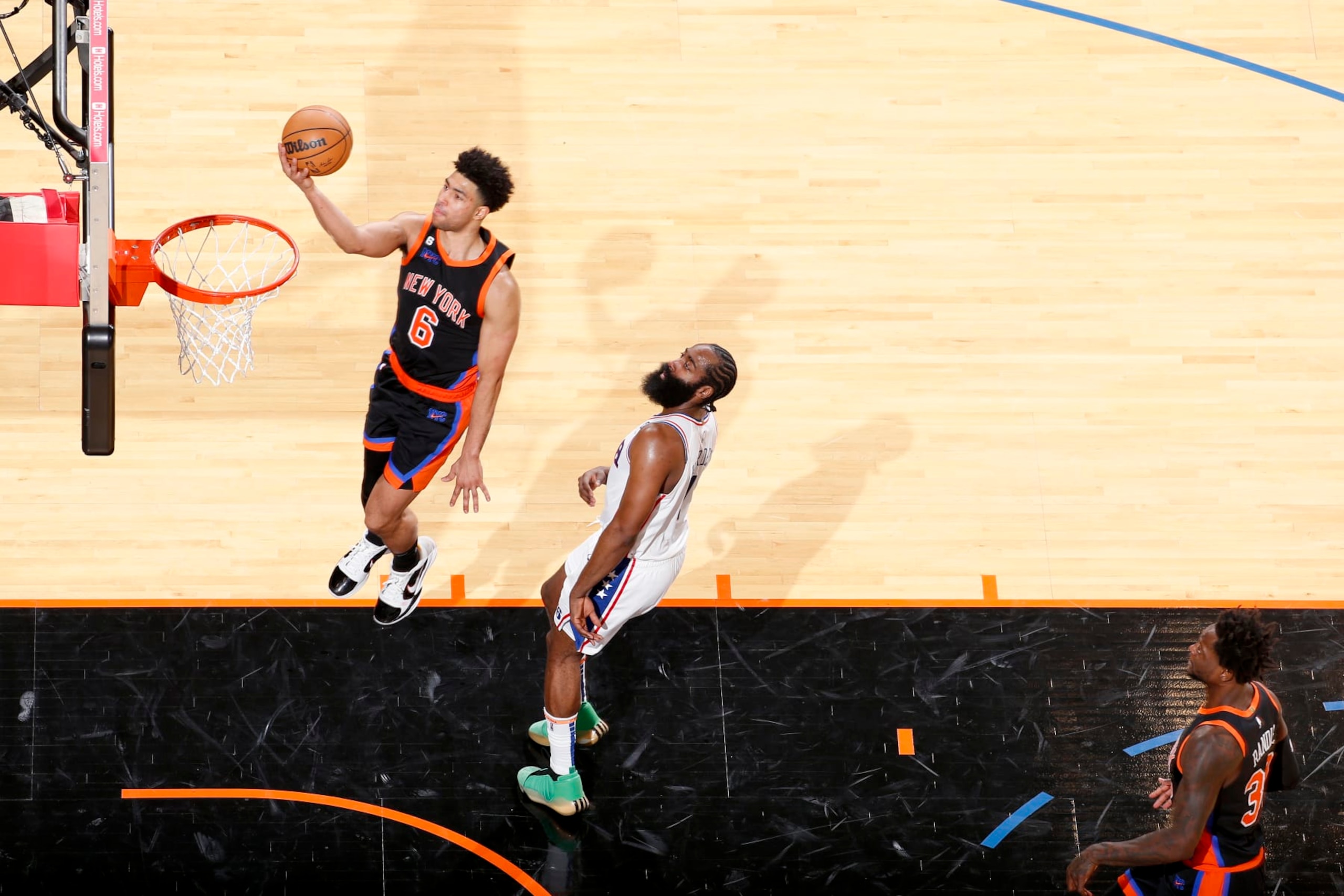 NEW YORK, NY - FEBRUARY 5: Quentin Grimes #6 of the New York Knicks drives to the basket during the game against the Philadelphia 76ers on February 5, 2023 at Madison Square Garden in New York City, New York. NOTE TO USER: User expressly acknowledges and agrees that, by downloading and or using this photograph, User is consenting to the terms and conditions of the Getty Images License Agreement. Mandatory Copyright Notice: Copyright 2023 NBAE (Photo by Nathaniel S. Butler/NBAE via Getty Images) NEW YORK, NY - FEBRUARY 5: Quentin Grimes #6 of the New York Knicks drives to the basket during the game against the Philadelphia 76ers on February 5, 2023 at Madison Square Garden in New York City, New York. NOTE TO USER: User expressly acknowledges and agrees that, by downloading and or using this photograph, User is consenting to the terms and conditions of the Getty Images License Agreement. Mandatory Copyright Notice: Copyright 2023 NBAE (Photo by Nathaniel S. Butler/NBAE via Getty Images)