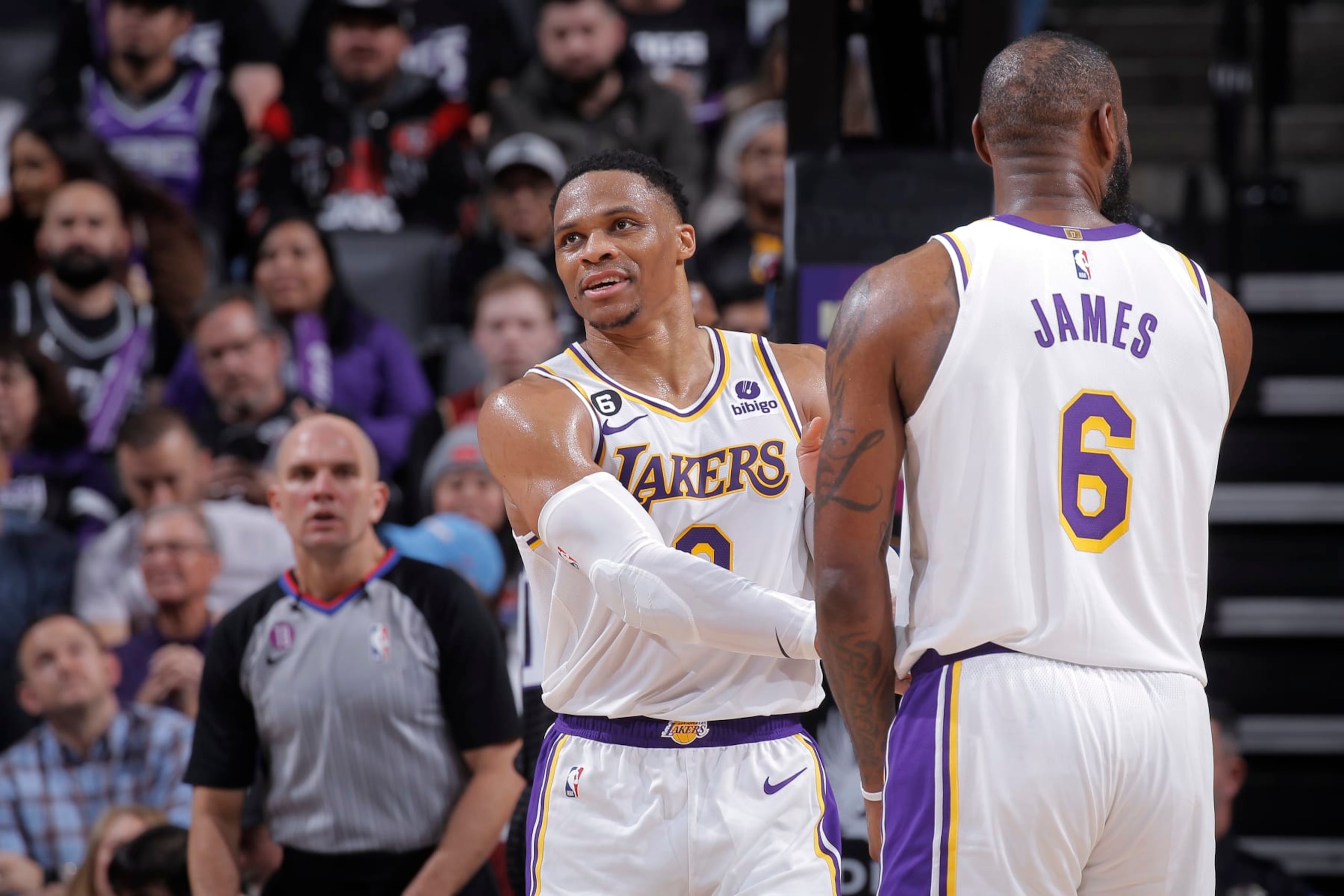 SACRAMENTO, CA - JANUARY 7: Russell Westbrook #0 and LeBron James #6 of the Los Angeles Lakers shake hands during the game against the Sacramento Kings on January 7, 2023 at Golden 1 Center in Sacramento, California. NOTE TO USER: User expressly acknowledges and agrees that, by downloading and or using this photograph, User is consenting to the terms and conditions of the Getty Images Agreement. Mandatory Copyright Notice: Copyright 2023 NBAE (Photo by Rocky Widner/NBAE via Getty Images)