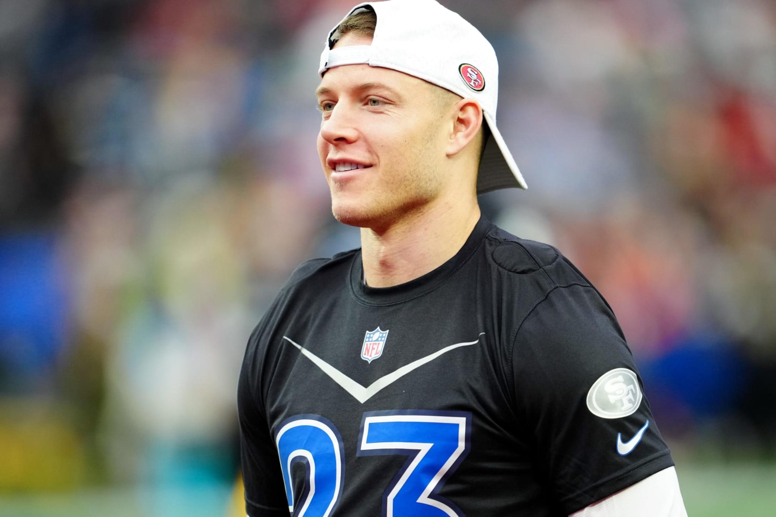 LAS VEGAS, NEVADA - FEBRUARY 05: Christian McCaffrey #23 of the San Francisco 49ers and NFC looks on during the 2023 NFL Pro Bowl Games at Allegiant Stadium on February 05, 2023 in Las Vegas, Nevada. (Photo by Jeff Bottari/Getty Images)