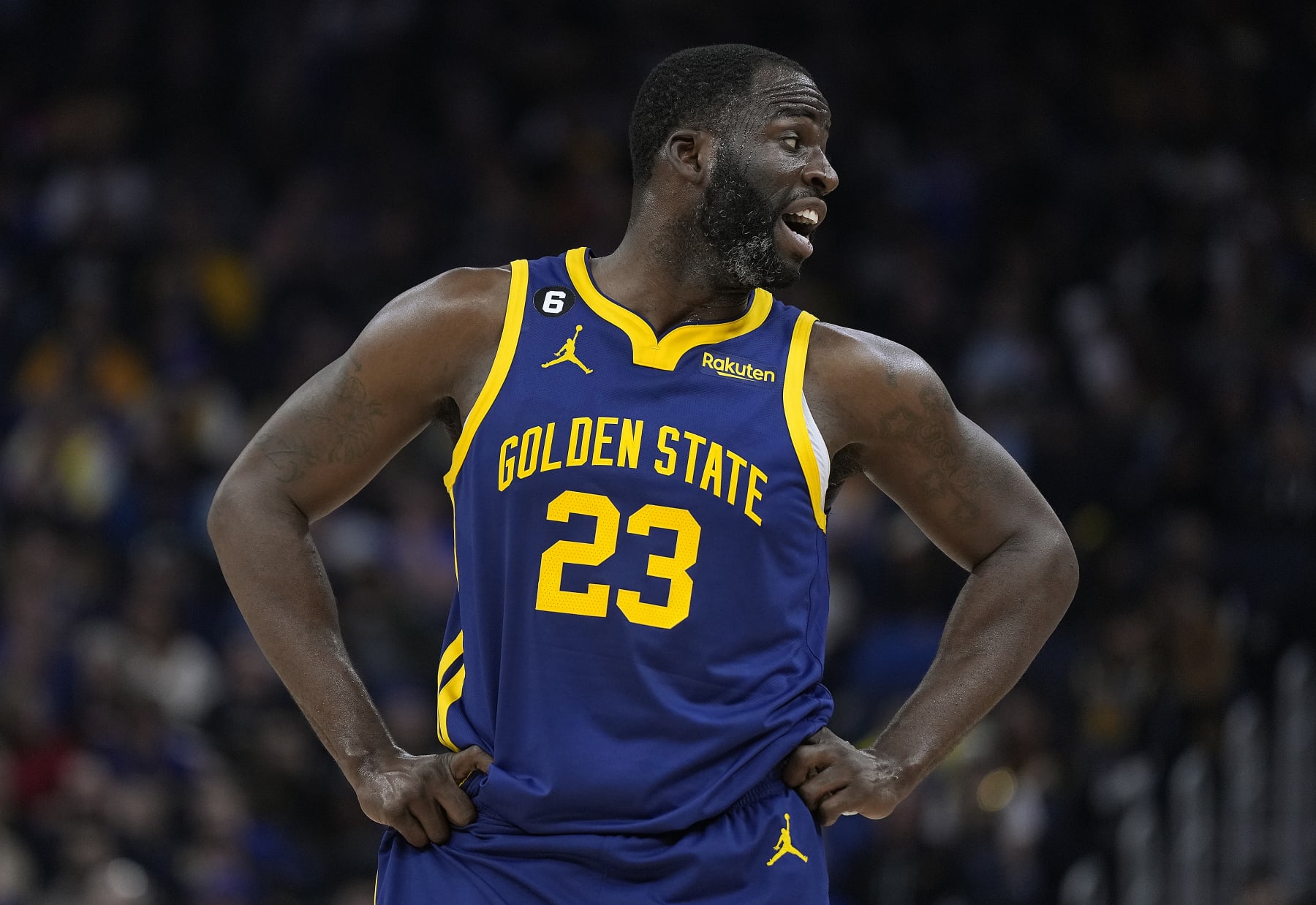 SAN FRANCISCO, CALIFORNIA - FEBRUARY 04: Draymond Green #23 of the Golden State Warriors looks on against the Dallas Mavericks during the second quarter of an NBA basketball game at Chase Center on February 04, 2023 in San Francisco, California. NOTE TO USER: User expressly acknowledges and agrees that, by downloading and or using this photograph, User is consenting to the terms and conditions of the Getty Images License Agreement. (Photo by Thearon W. Henderson/Getty Images)