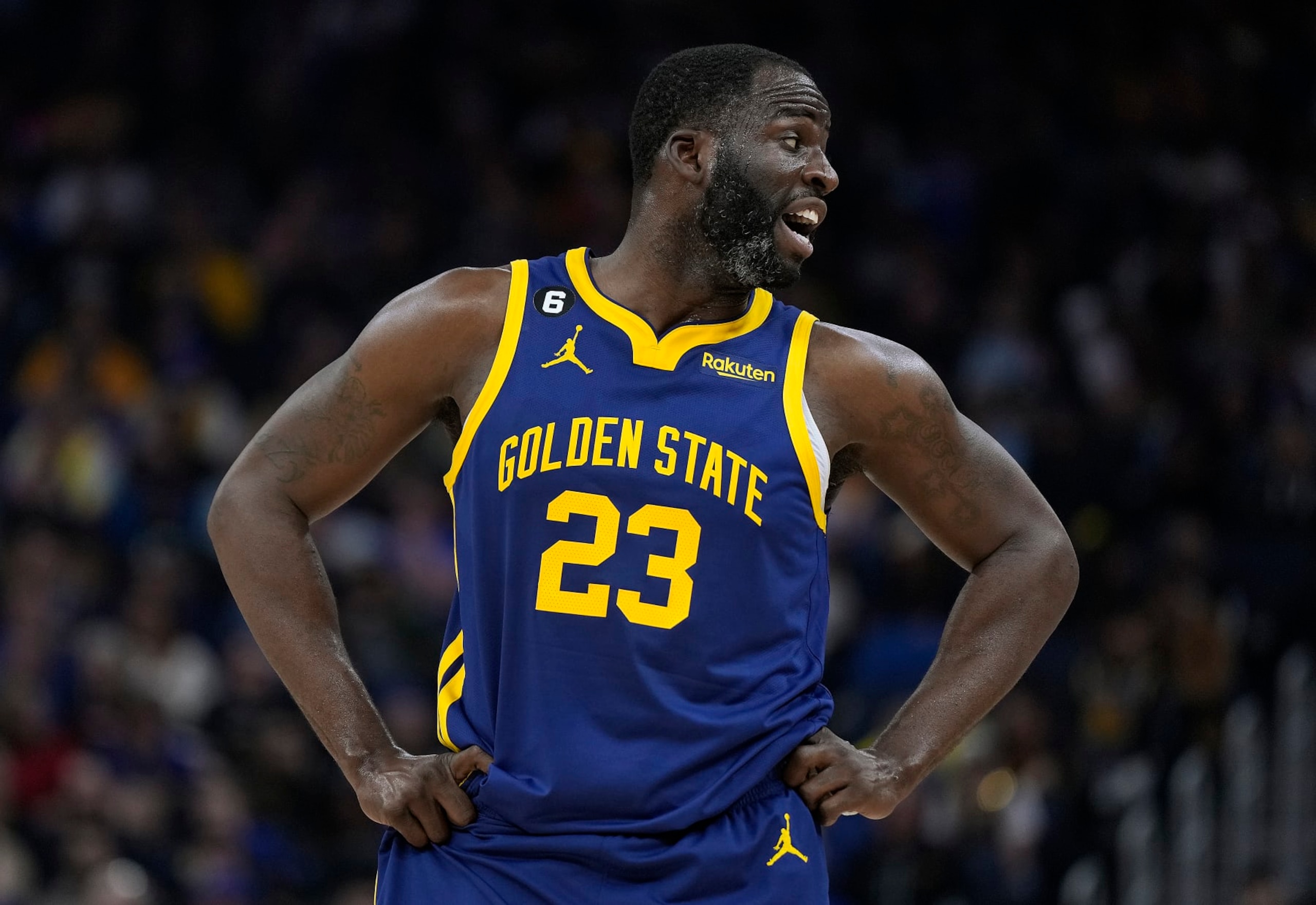 SAN FRANCISCO, CALIFORNIA - FEBRUARY 04: Draymond Green #23 of the Golden State Warriors looks on against the Dallas Mavericks during the second quarter of an NBA basketball game at Chase Center on February 04, 2023 in San Francisco, California. NOTE TO USER: User expressly acknowledges and agrees that, by downloading and or using this photograph, User is consenting to the terms and conditions of the Getty Images License Agreement. (Photo by Thearon W. Henderson/Getty Images)