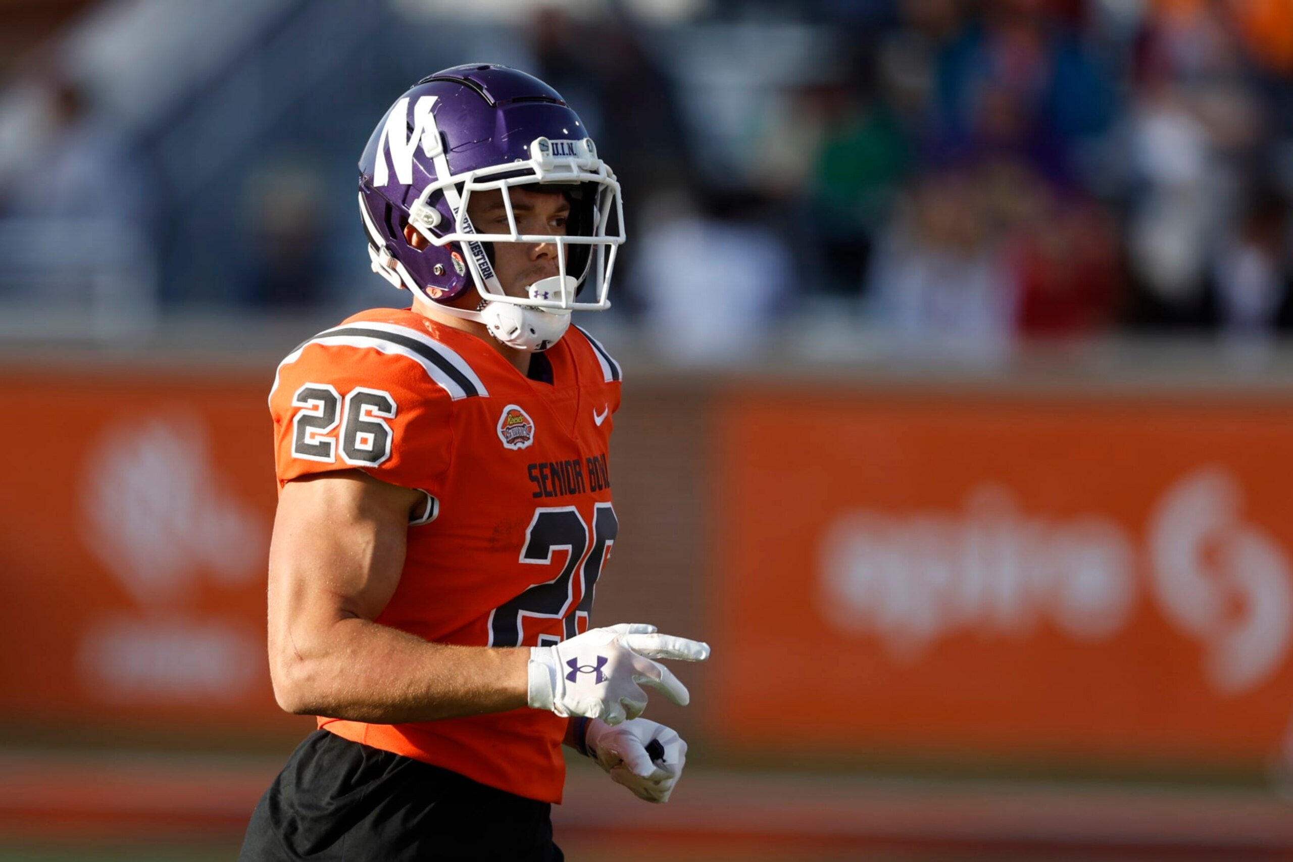 National running back Evan Hull of Northwestern (26) during the second half of the Senior Bowl NCAA college football game Saturday, Feb. 4, 2023, in Mobile, Ala.. (AP Photo/Butch Dill)