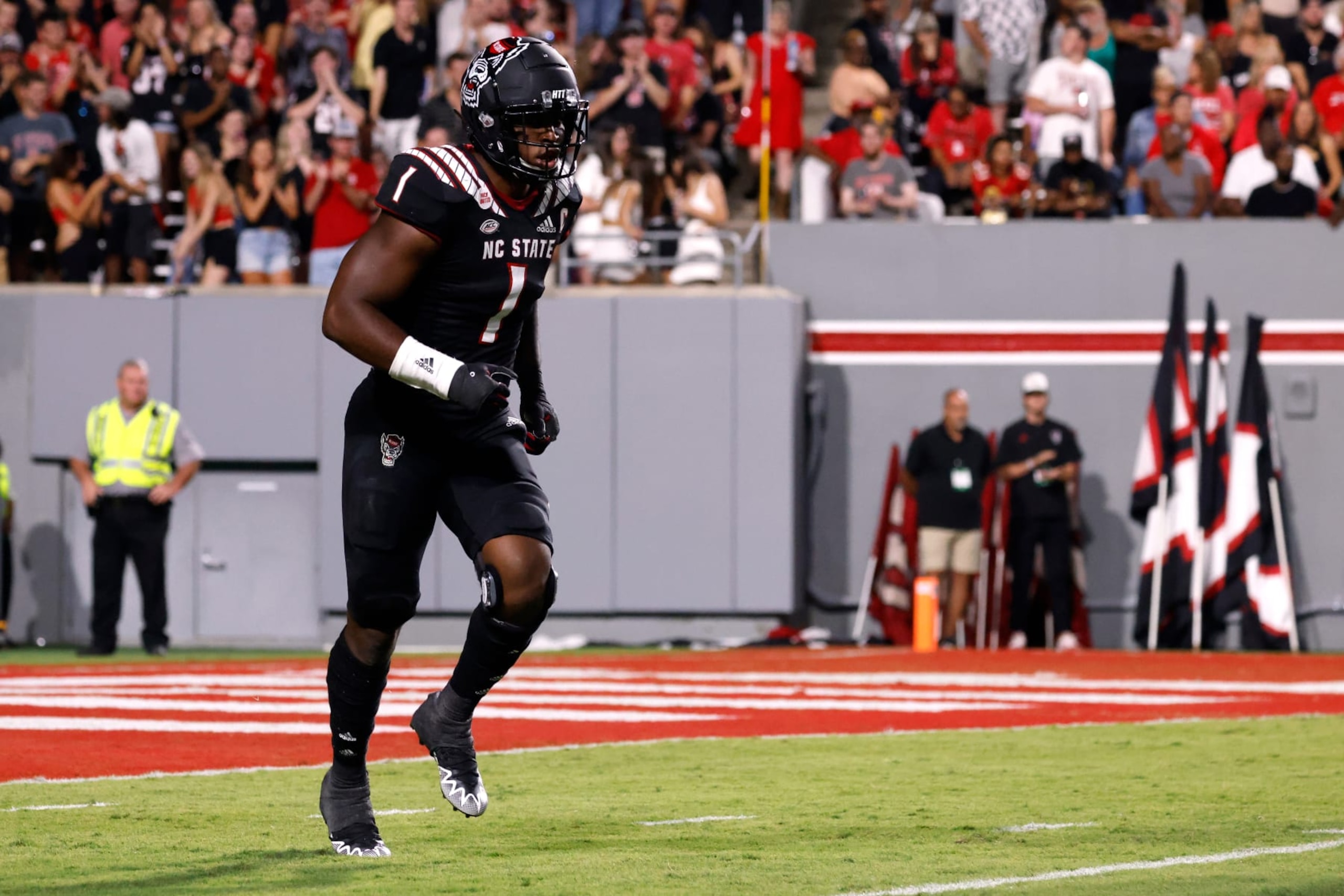 RALEIGH, NC - SEPTEMBER 17: Isaiah Moore #1 of the NC State Wolfpack looks on during their game against the Texas Tech Red Raiders at Carter-Finley Stadium on September 17, 2022 in Raleigh, North Carolina. NC State won 27-14. (Photo by Lance King/Getty Images)