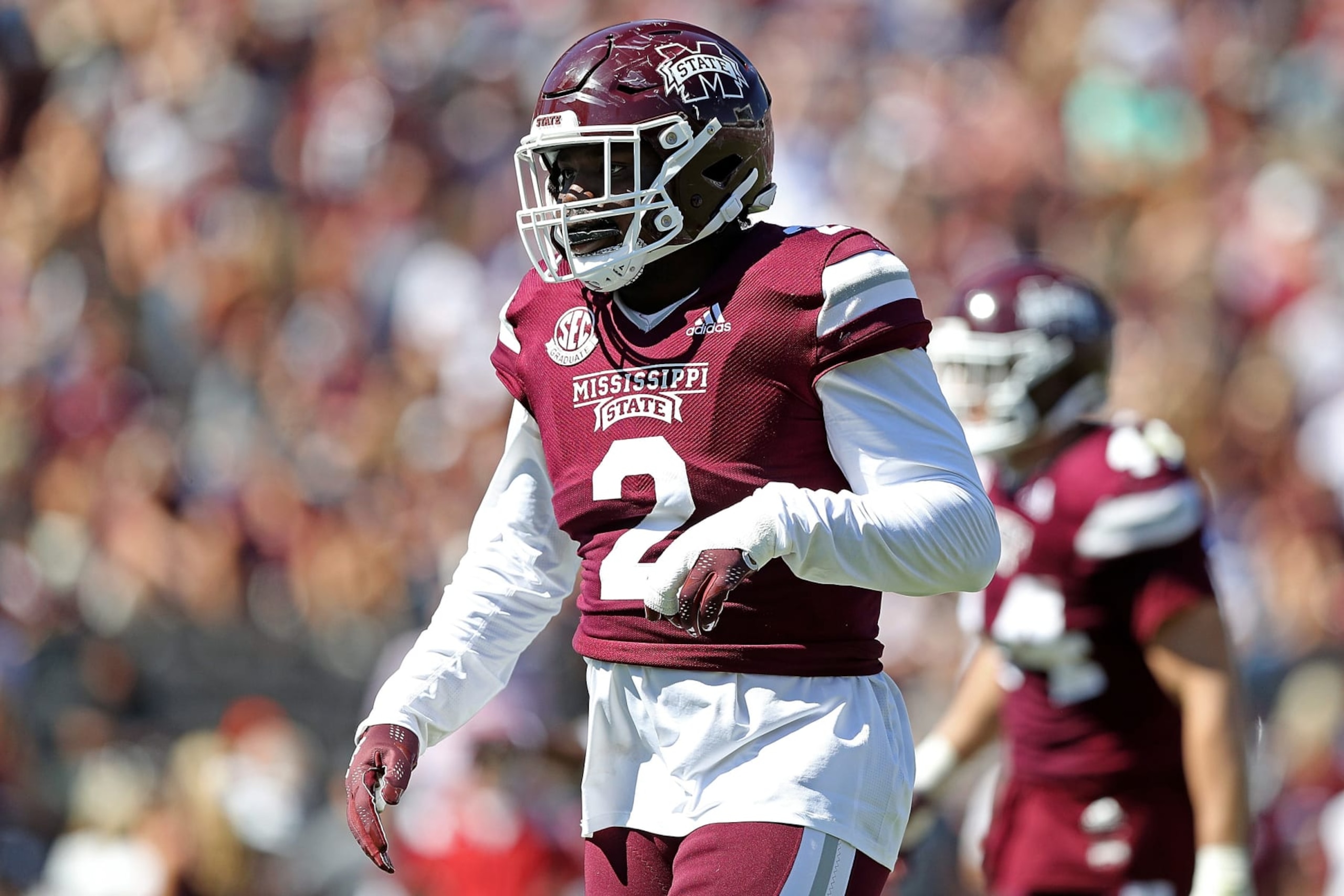 STARKVILLE, MISSISSIPPI - OCTOBER 08: Tyrus Wheat #2 of the Mississippi State Bulldogs during the game against the Arkansas Razorbacks at Davis Wade Stadium on October 08, 2022 in Starkville, Mississippi. (Photo by Justin Ford/Getty Images)