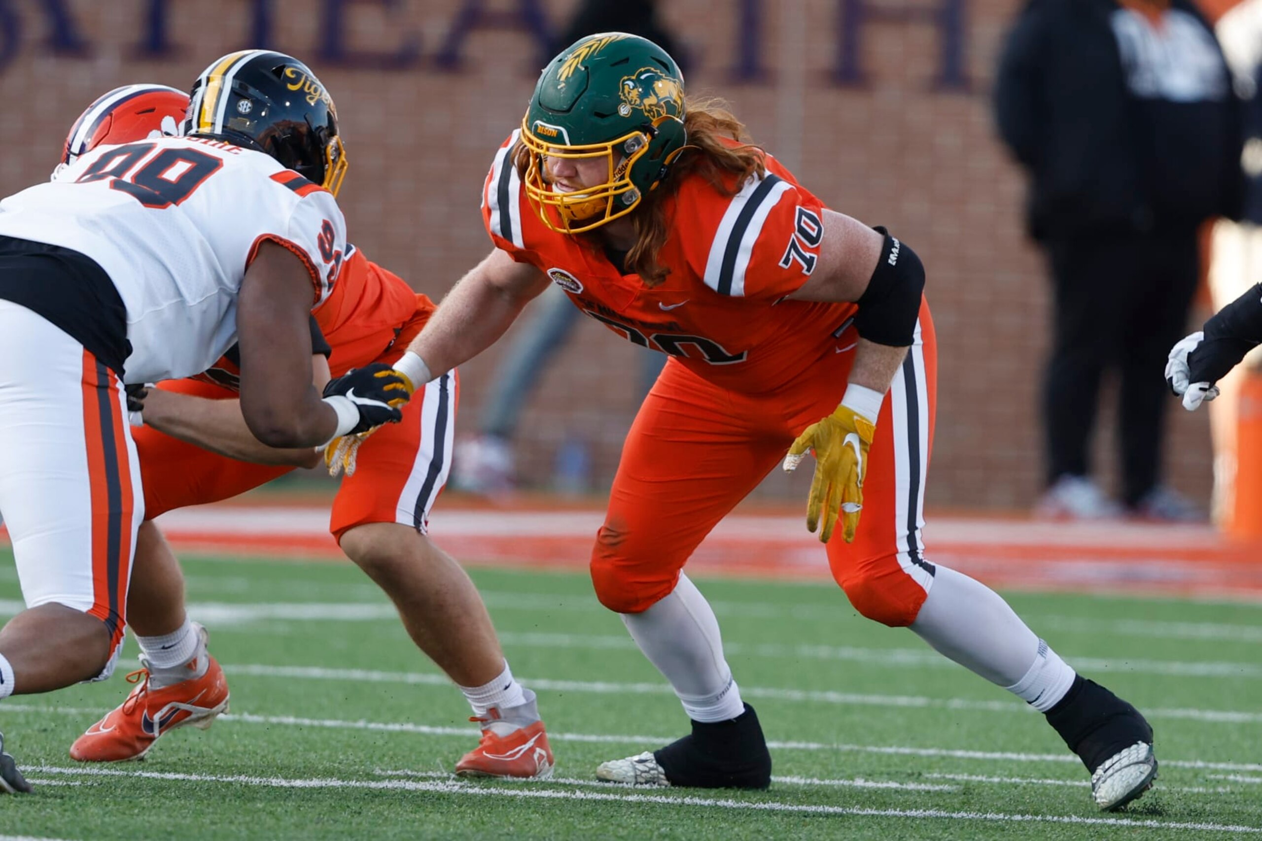 National offensive lineman Cody Mauch of North Dakota State (70) during the second half of the Senior Bowl NCAA college football game Saturday, Feb. 4, 2023, in Mobile, Ala.. (AP Photo/Butch Dill)