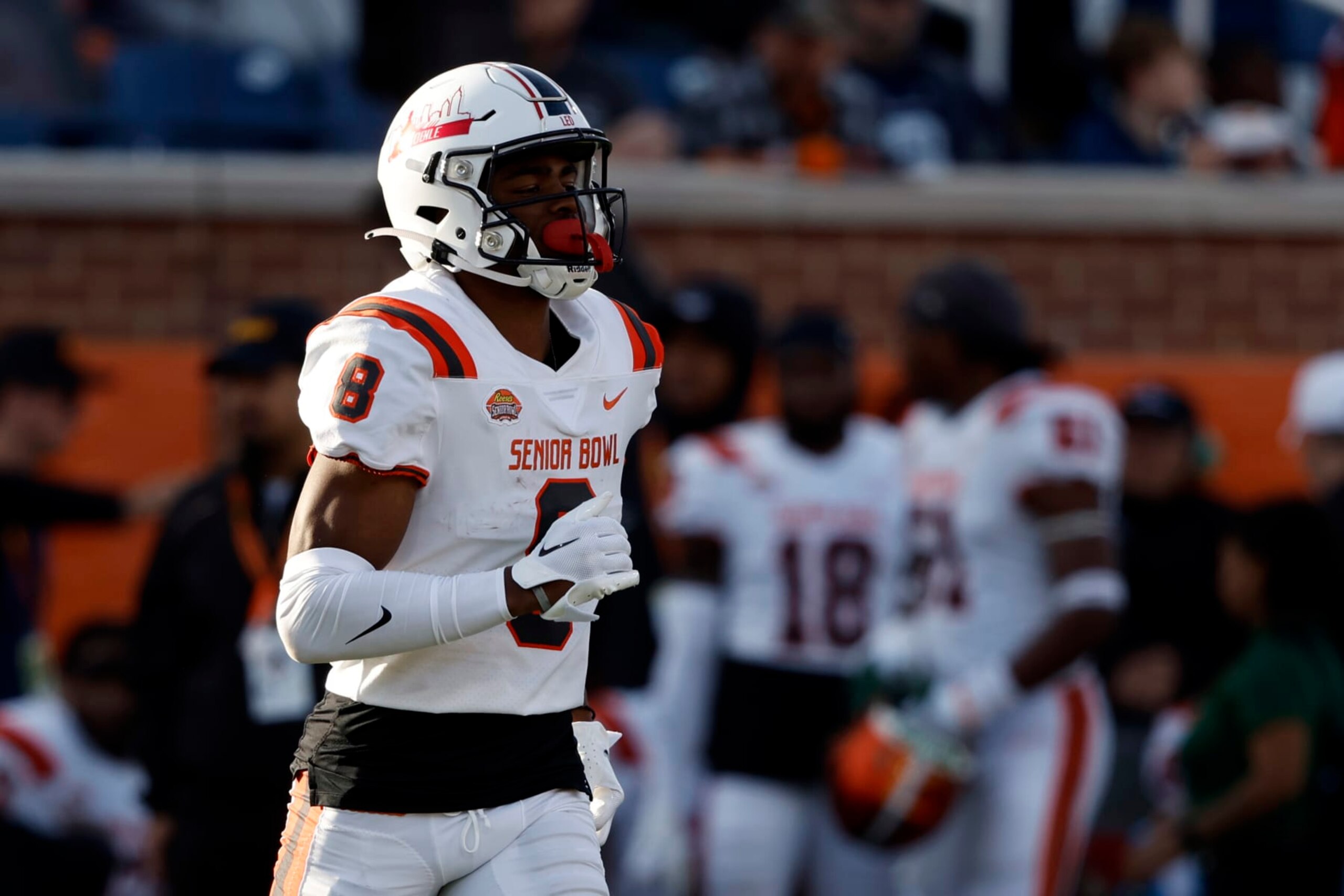 American wide receiver Jalen Wayne of South Alabama (8) during the second half of the Senior Bowl NCAA college football game Saturday, Feb. 4, 2023, in Mobile, Ala.. (AP Photo/Butch Dill)
