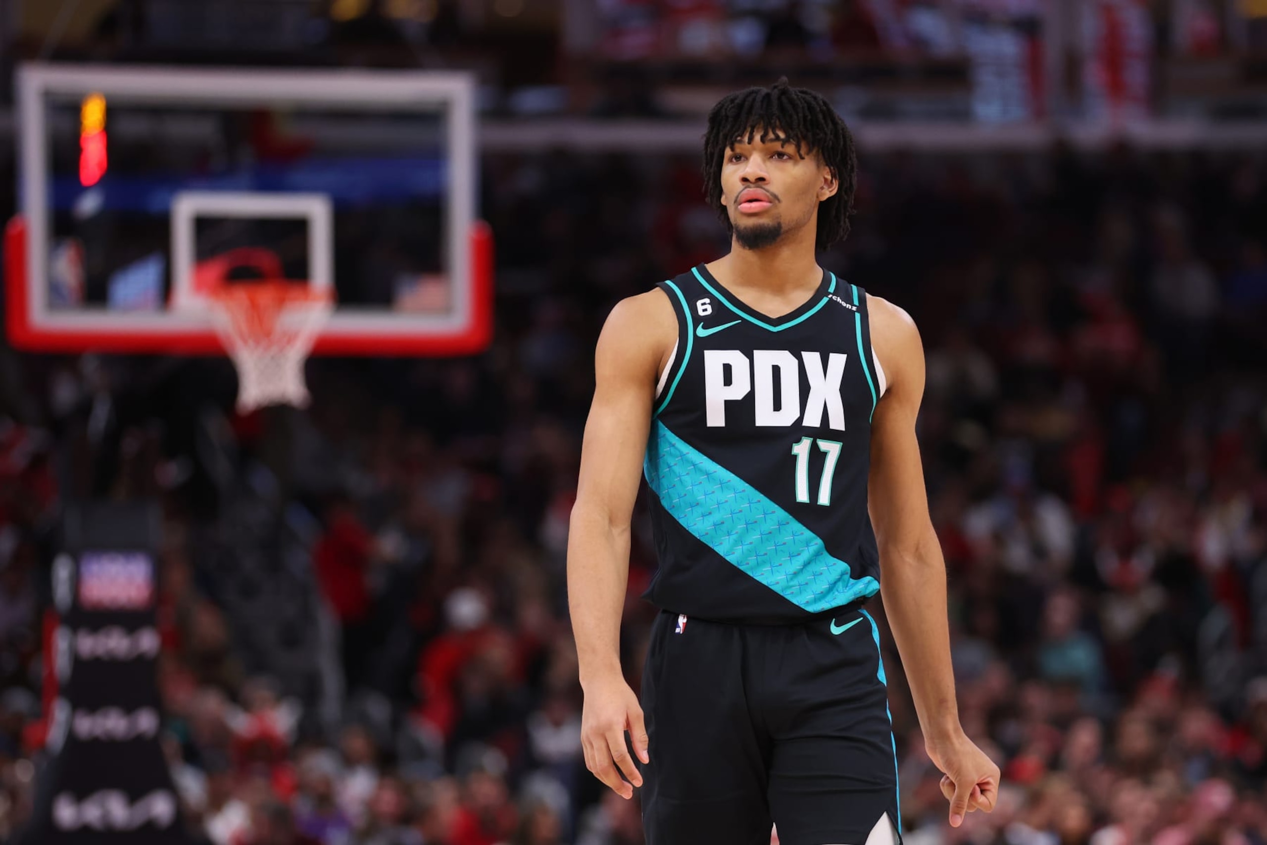 CHICAGO, ILLINOIS - FEBRUARY 04: Shaedon Sharpe #17 of the Portland Trail Blazers looks on against the Chicago Bulls during the first half at United Center on February 04, 2023 in Chicago, Illinois. NOTE TO USER: User expressly acknowledges and agrees that, by downloading and or using this photograph, User is consenting to the terms and conditions of the Getty Images License Agreement.  (Photo by Michael Reaves/Getty Images)