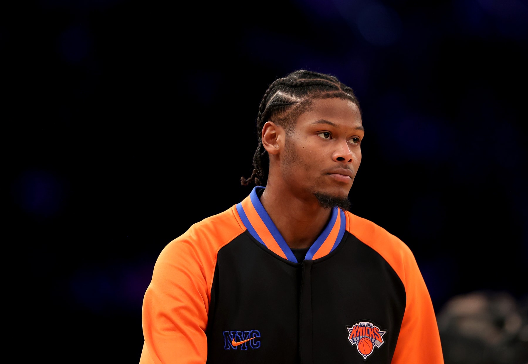NEW YORK, NEW YORK - JANUARY 31: Cam Reddish #0 of the New York Knicks warms up before the game against the Los Angeles Lakers at Madison Square Garden on January 31, 2023 in New York City. NOTE TO USER: User expressly acknowledges and agrees that, by downloading and or using this photograph, User is consenting to the terms and conditions of the Getty Images License Agreement. (Photo by Elsa/Getty Images)