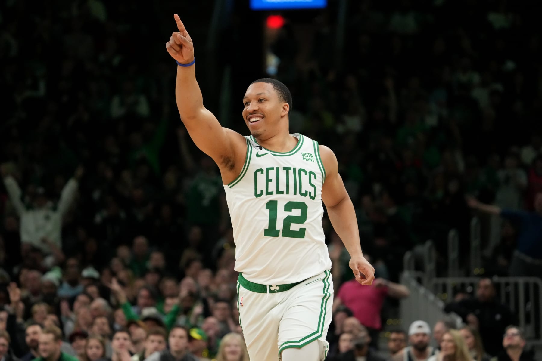 BOSTON, MA - FEBRUARY 1: Grant Williams #12 of the Boston Celtics smiles during the game against the Brooklyn Nets on February 1, 2023 at the TD Garden in Boston, Massachusetts. NOTE TO USER: User expressly acknowledges and agrees that, by downloading and or using this photograph, User is consenting to the terms and conditions of the Getty Images License Agreement. Mandatory Copyright Notice: Copyright 2023 NBAE  (Photo by Brian Babineau/NBAE via Getty Images)
