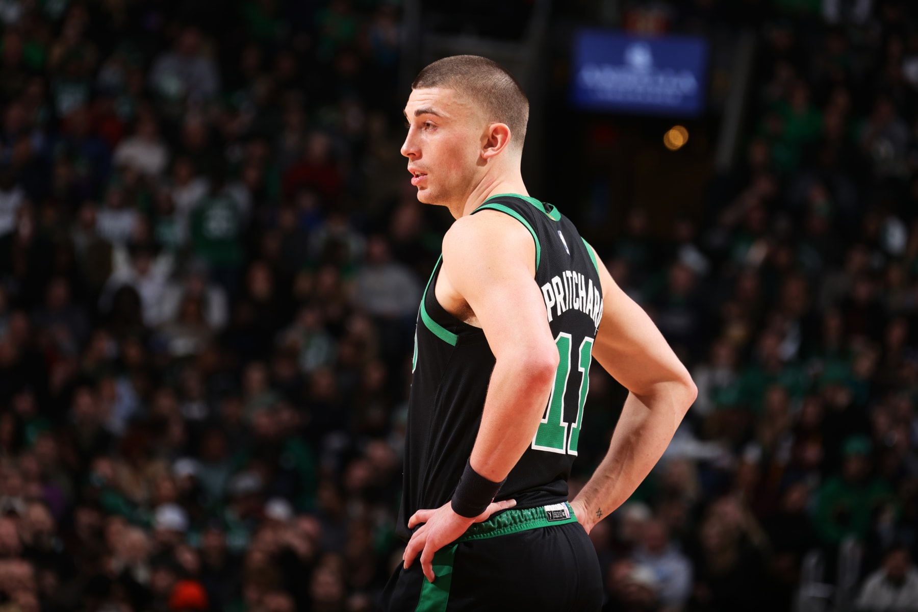 BOSTON, MA - FEBRUARY 3: Payton Pritchard #11 of the Boston Celtics looks on during the game against the Phoenix Suns on February 3, 2023 at TD Garden in Boston, Massachusetts.  NOTE TO USER: User expressly acknowledges and agrees that, by downloading and or using this photograph, User is consenting to the terms and conditions of the Getty Images License Agreement. Mandatory Copyright Notice: Copyright 2022 NBAE  (Photo by Nathaniel S. Butler/NBAE via Getty Images)