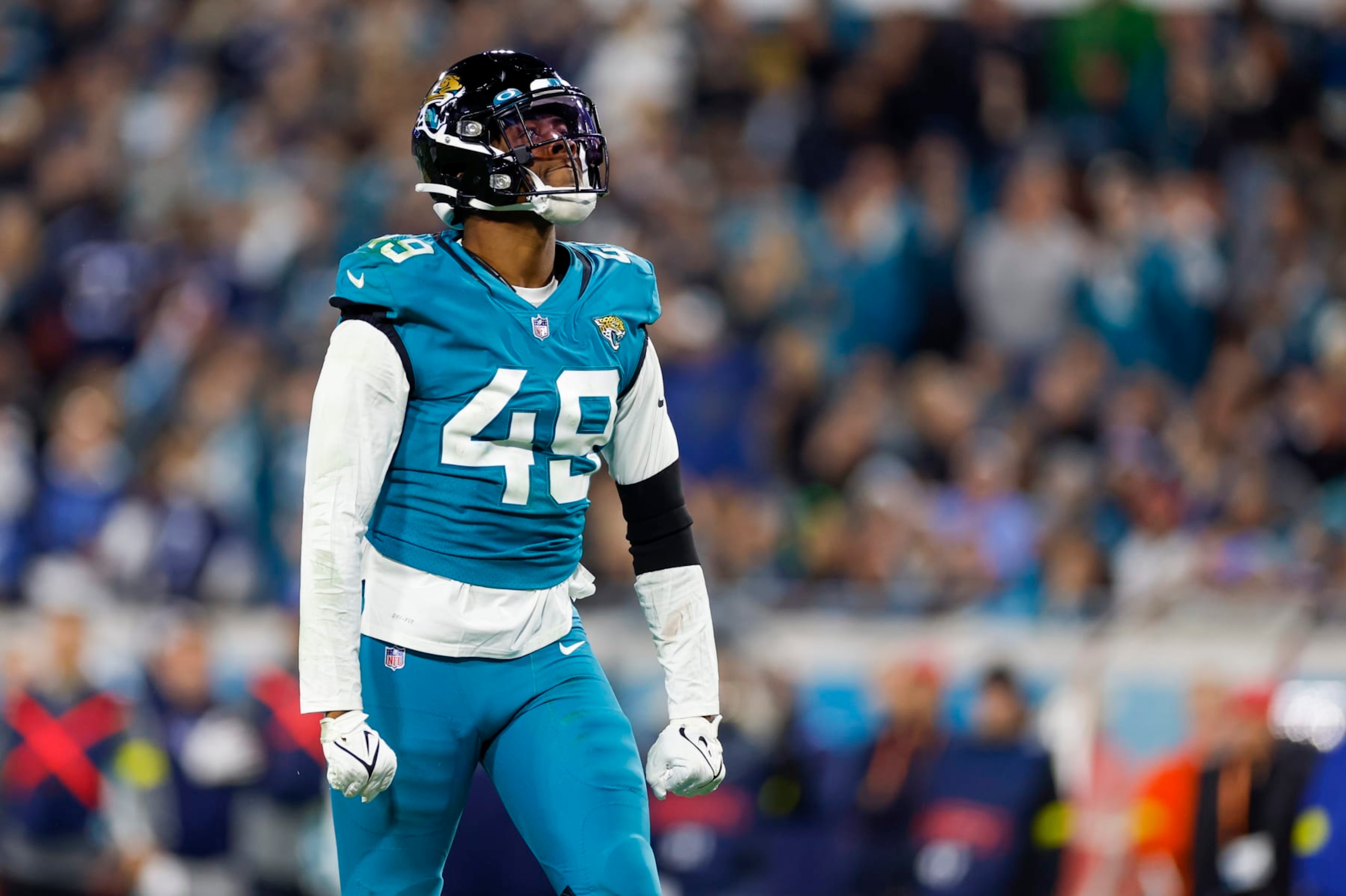 JACKSONVILLE, FL - JANUARY 07: Jacksonville Jaguars defensive end Arden Key (49) reacts after a play during the game between the Tennessee Titans and the Jacksonville Jaguars and the  on January 7, 2023 at TIAA Bank Field in Jacksonville, Fl. (Photo by David Rosenblum/Icon Sportswire via Getty Images)