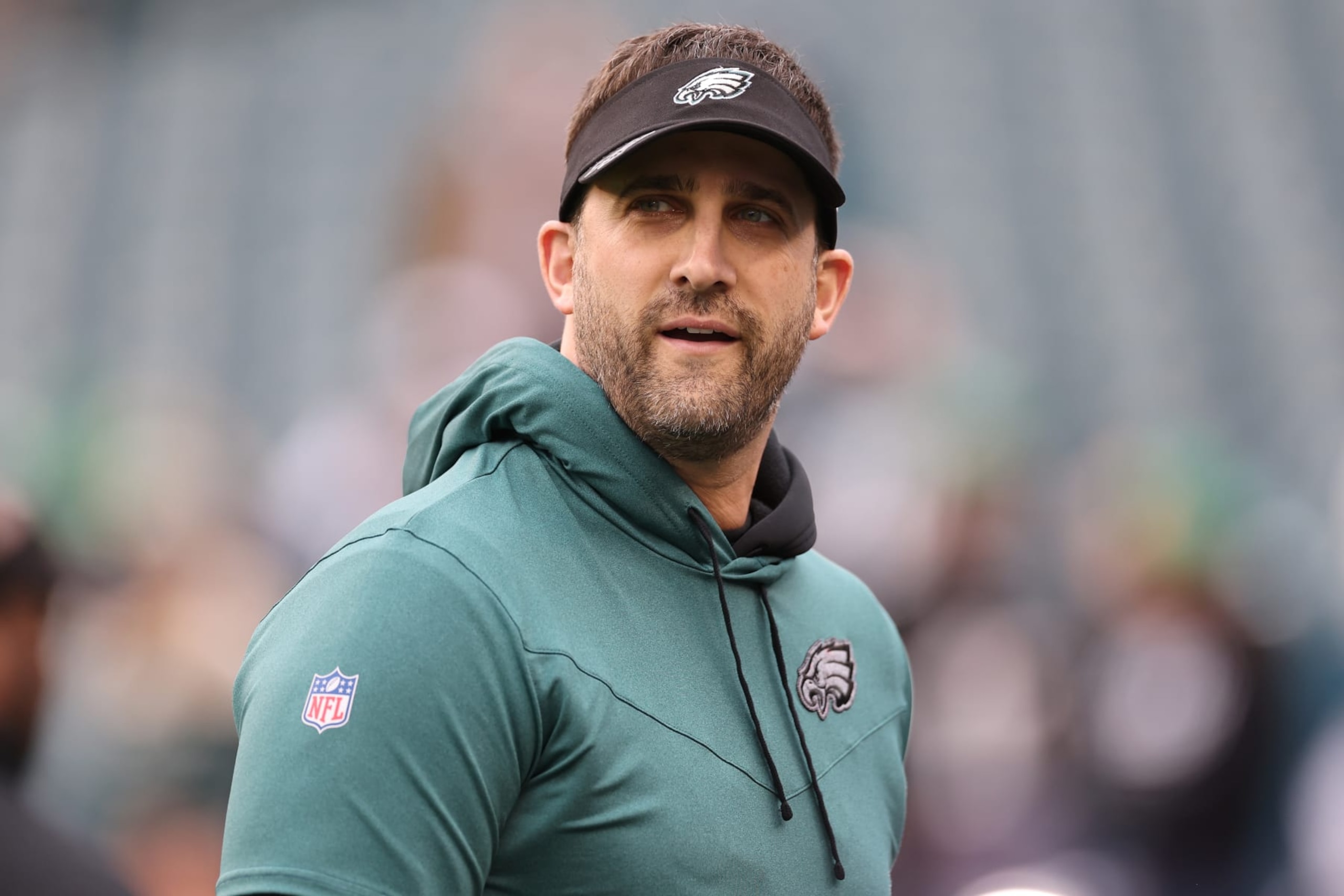 PHILADELPHIA, PENNSYLVANIA - JANUARY 29: Head coach Nick Sirianni of the Philadelphia Eagles looks on prior to the NFC Championship Game against the San Francisco 49ers at Lincoln Financial Field on January 29, 2023 in Philadelphia, Pennsylvania. (Photo by Tim Nwachukwu/Getty Images) PHILADELPHIA, PENNSYLVANIA - JANUARY 29: Head coach Nick Sirianni of the Philadelphia Eagles looks on prior to the NFC Championship Game against the San Francisco 49ers at Lincoln Financial Field on January 29, 2023 in Philadelphia, Pennsylvania. (Photo by Tim Nwachukwu/Getty Images)