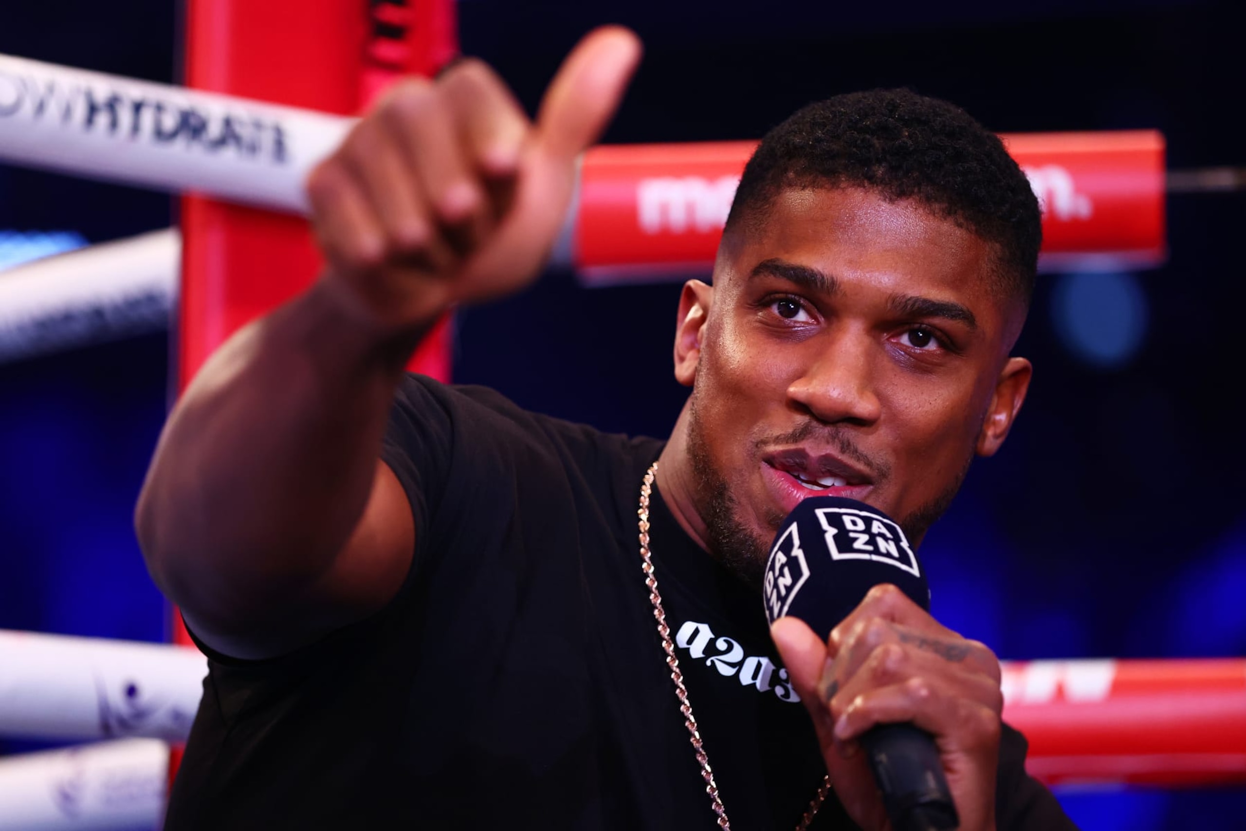 ABU DHABI, UNITED ARAB EMIRATES - NOVEMBER 05: Anthony Joshua is interviewed ringside at Etihad Arena on November 05, 2022 in Abu Dhabi, United Arab Emirates. (Photo by Francois Nel/Getty Images)
