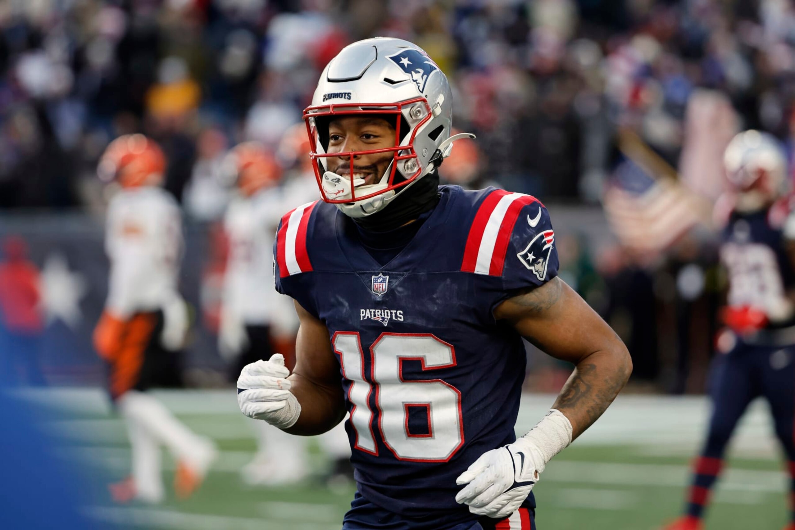 FOXBOROUGH, MA - DECEMBER 24: Jakobi Meyers #16 of the New England Patriots smiles after catching a touchdown pass against the Cincinnati Bengals during the game at Gillette Stadium on December 24, 2022 in Foxborough, Massachusetts.(Photo By Winslow Townson/Getty Images)