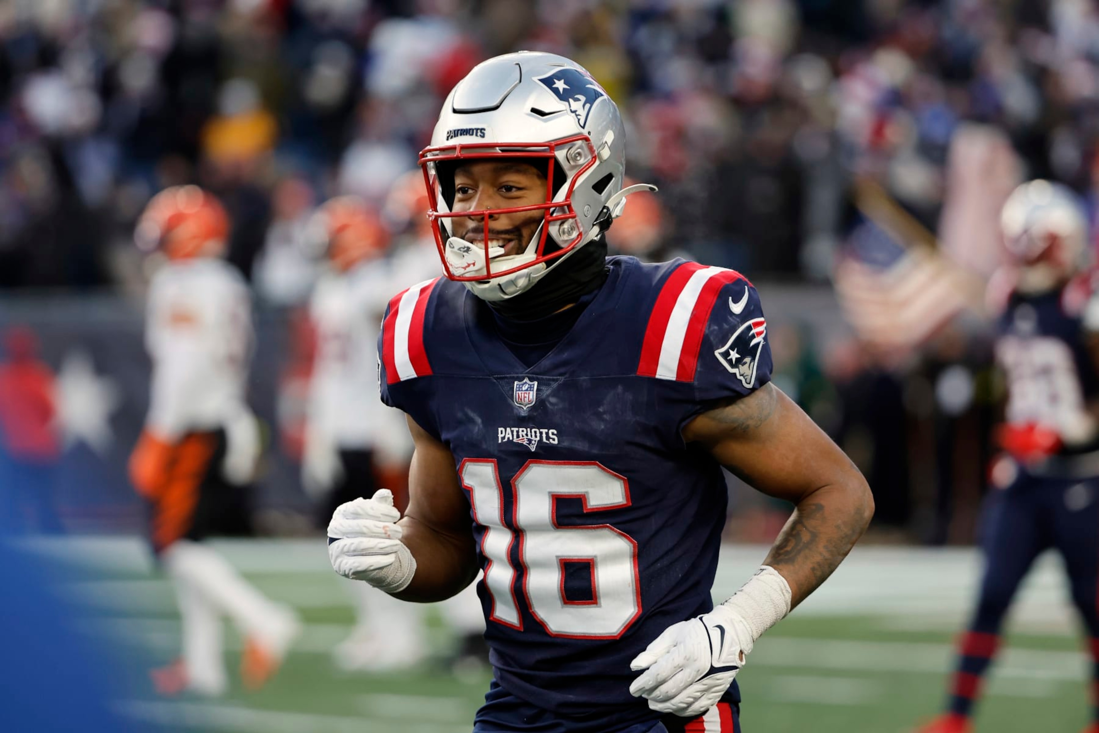 FOXBOROUGH, MA - DECEMBER 24: Jakobi Meyers #16 of the New England Patriots smiles after catching a touchdown pass against the Cincinnati Bengals during the game at Gillette Stadium on December 24, 2022 in Foxborough, Massachusetts.(Photo By Winslow Townson/Getty Images) FOXBOROUGH, MA - DECEMBER 24: Jakobi Meyers #16 of the New England Patriots smiles after catching a touchdown pass against the Cincinnati Bengals during the game at Gillette Stadium on December 24, 2022 in Foxborough, Massachusetts.(Photo By Winslow Townson/Getty Images)