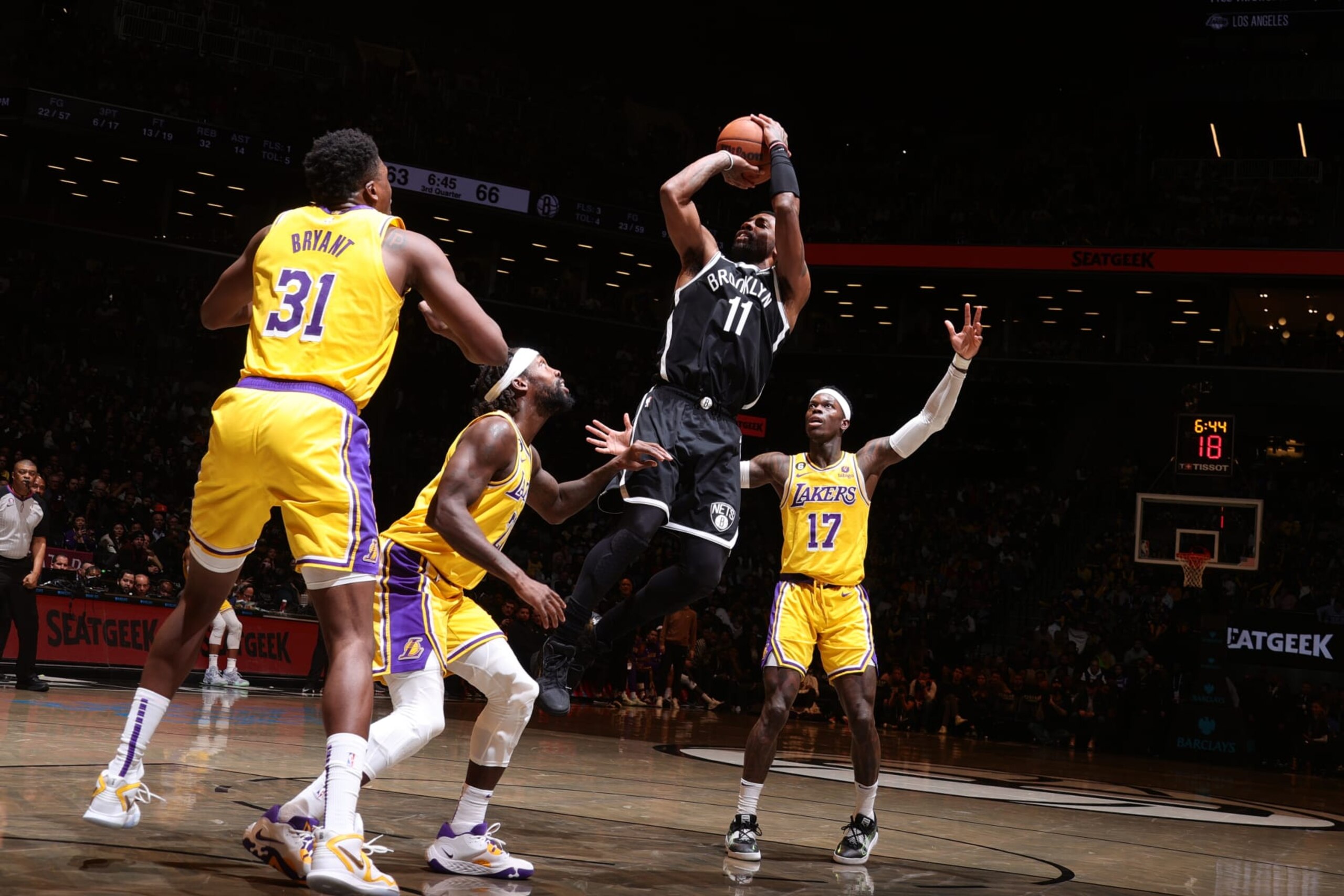 BROOKLYN, NY - JANUARY 30: Kyrie Irving #11 of the Brooklyn Nets shoots the ball during the game against the Los Angeles Lakers on January 30, 2023 at Barclays Center in Brooklyn, New York. NOTE TO USER: User expressly acknowledges and agrees that, by downloading and or using this Photograph, user is consenting to the terms and conditions of the Getty Images License Agreement. Mandatory Copyright Notice: Copyright 2023 NBAE (Photo by Nathaniel S. Butler/NBAE via Getty Images)