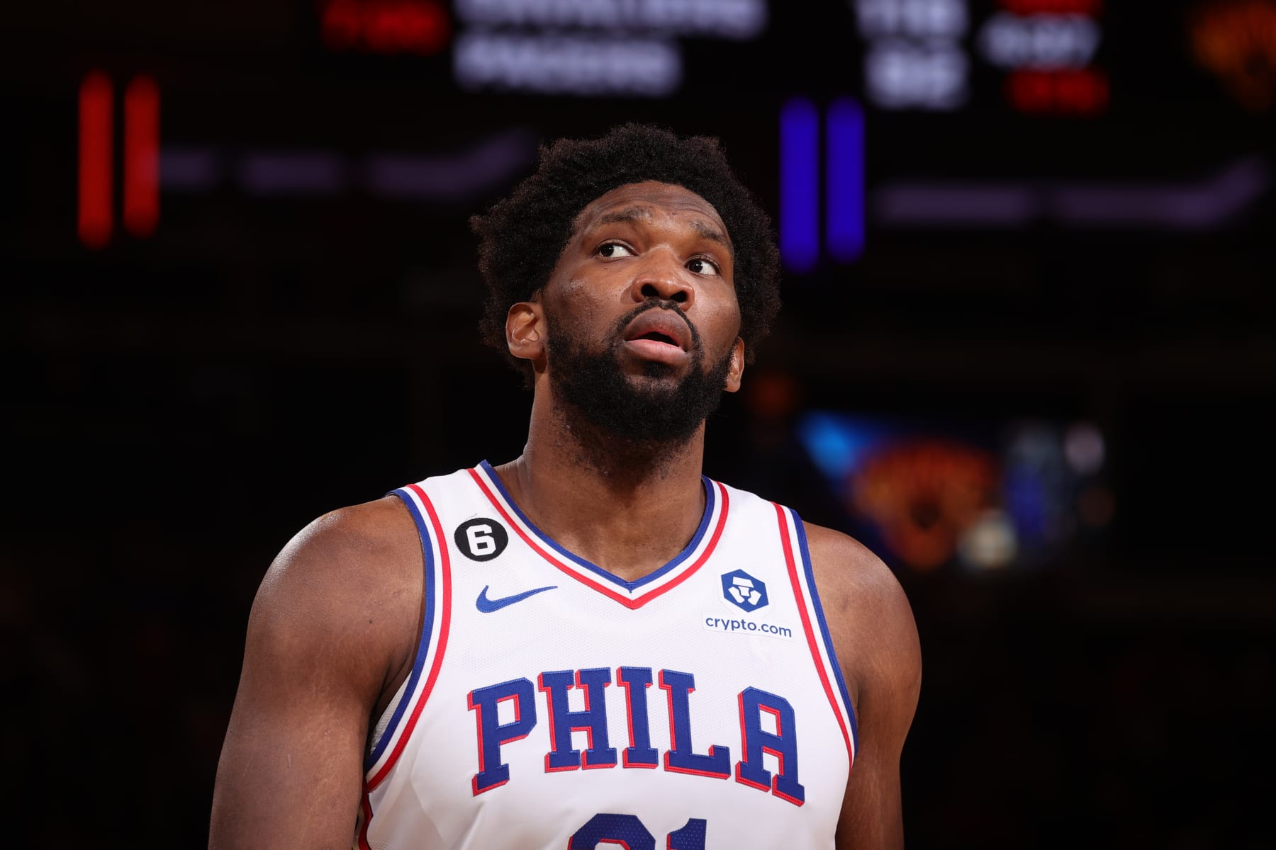 NEW YORK, NY - FEBRUARY 5: Joel Embiid #21 of the Philadelphia 76ers looks on during the game against the New York Knicks on February 5, 2023 at Madison Square Garden in New York City, New York.  NOTE TO USER: User expressly acknowledges and agrees that, by downloading and or using this photograph, User is consenting to the terms and conditions of the Getty Images License Agreement. Mandatory Copyright Notice: Copyright 2023 NBAE  (Photo by Nathaniel S. Butler/NBAE via Getty Images)