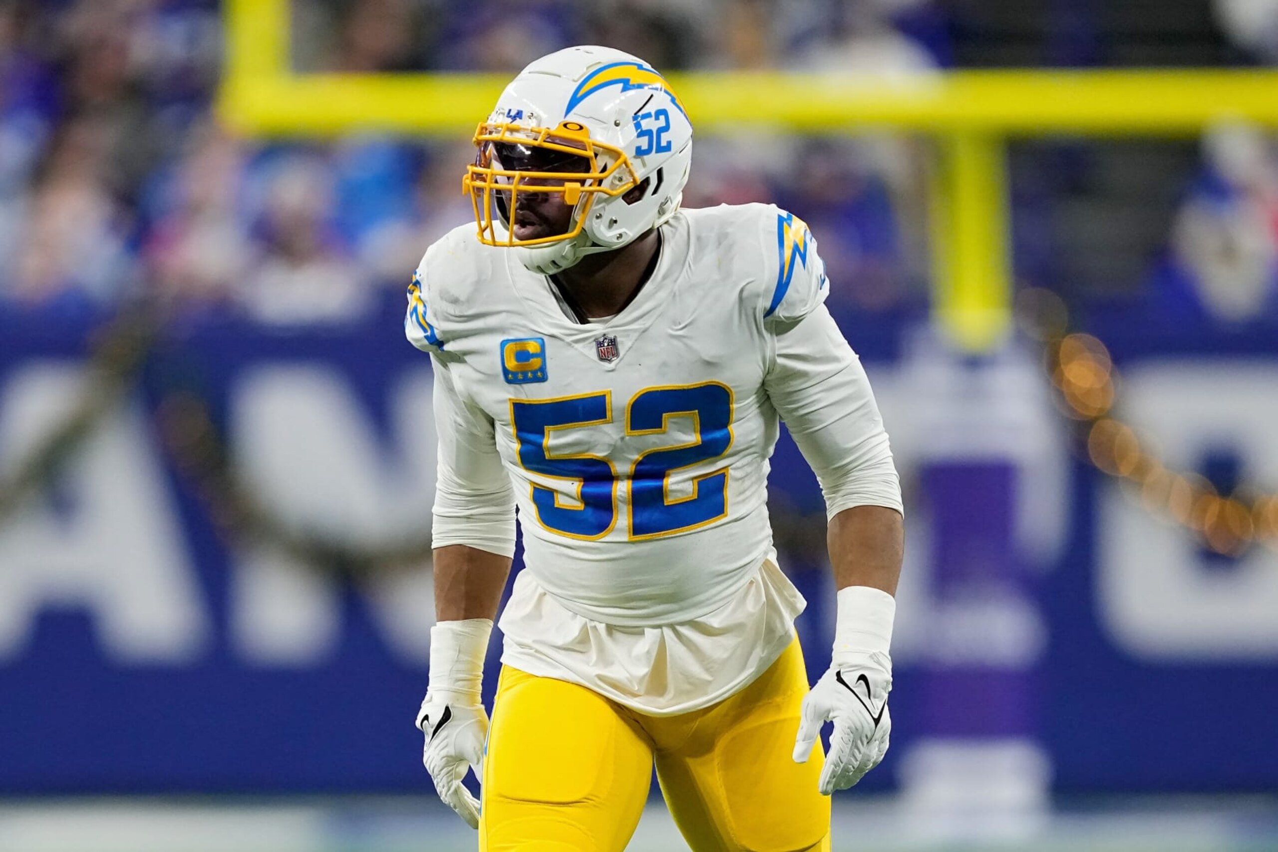INDIANAPOLIS, INDIANA - DECEMBER 26: Khalil Mack #52 of the Los Angeles Chargers lines up for a play in the third quarter against the Indianapolis Colts at Lucas Oil Stadium on December 26, 2022 in Indianapolis, Indiana. (Photo by Dylan Buell/Getty Images)