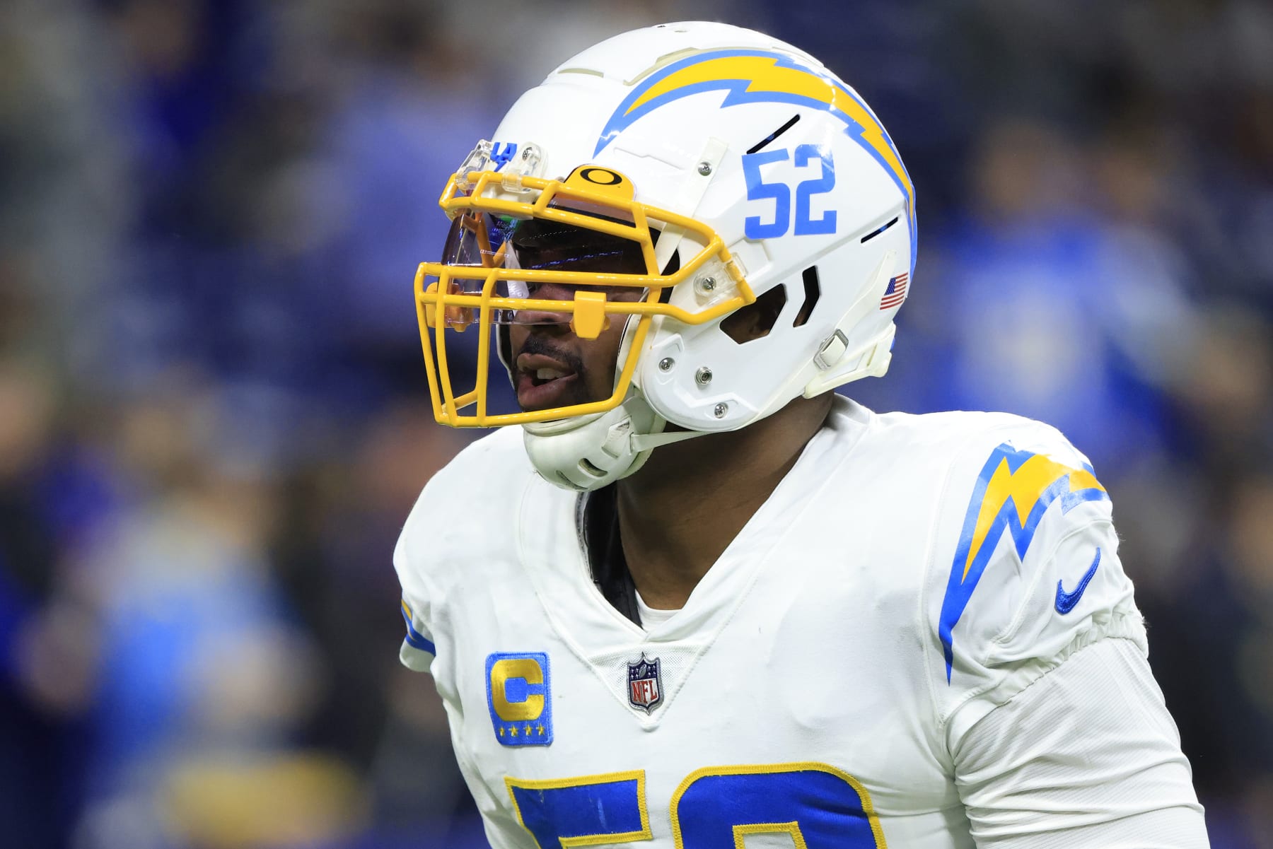 INDIANAPOLIS, INDIANA - DECEMBER 26: Khalil Mack #52 of the Los Angeles Chargers warms up prior to the game against the Indianapolis Colts at Lucas Oil Stadium on December 26, 2022 in Indianapolis, Indiana. (Photo by Justin Casterline/Getty Images)