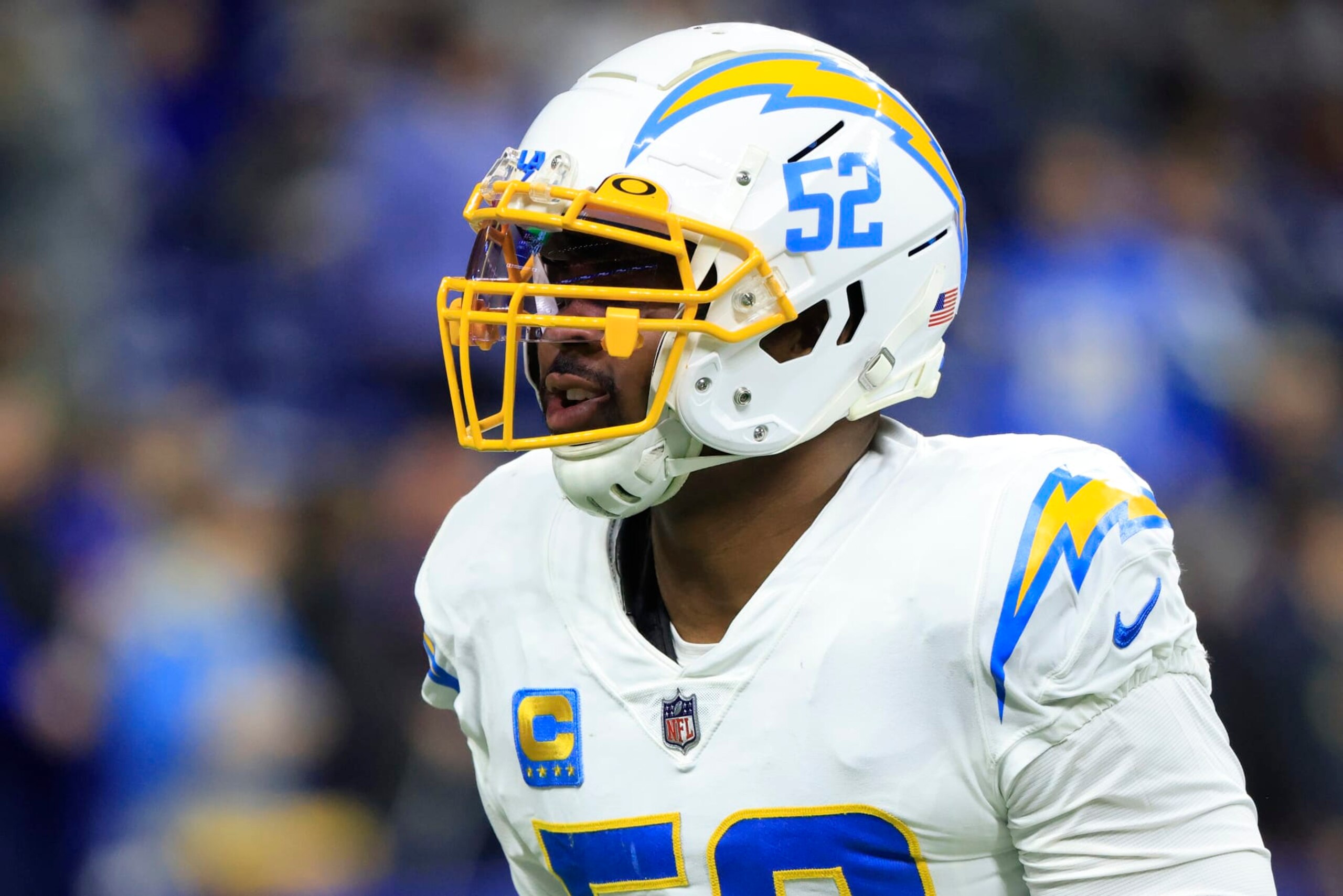 INDIANAPOLIS, INDIANA - DECEMBER 26: Khalil Mack #52 of the Los Angeles Chargers warms up prior to the game against the Indianapolis Colts at Lucas Oil Stadium on December 26, 2022 in Indianapolis, Indiana. (Photo by Justin Casterline/Getty Images)