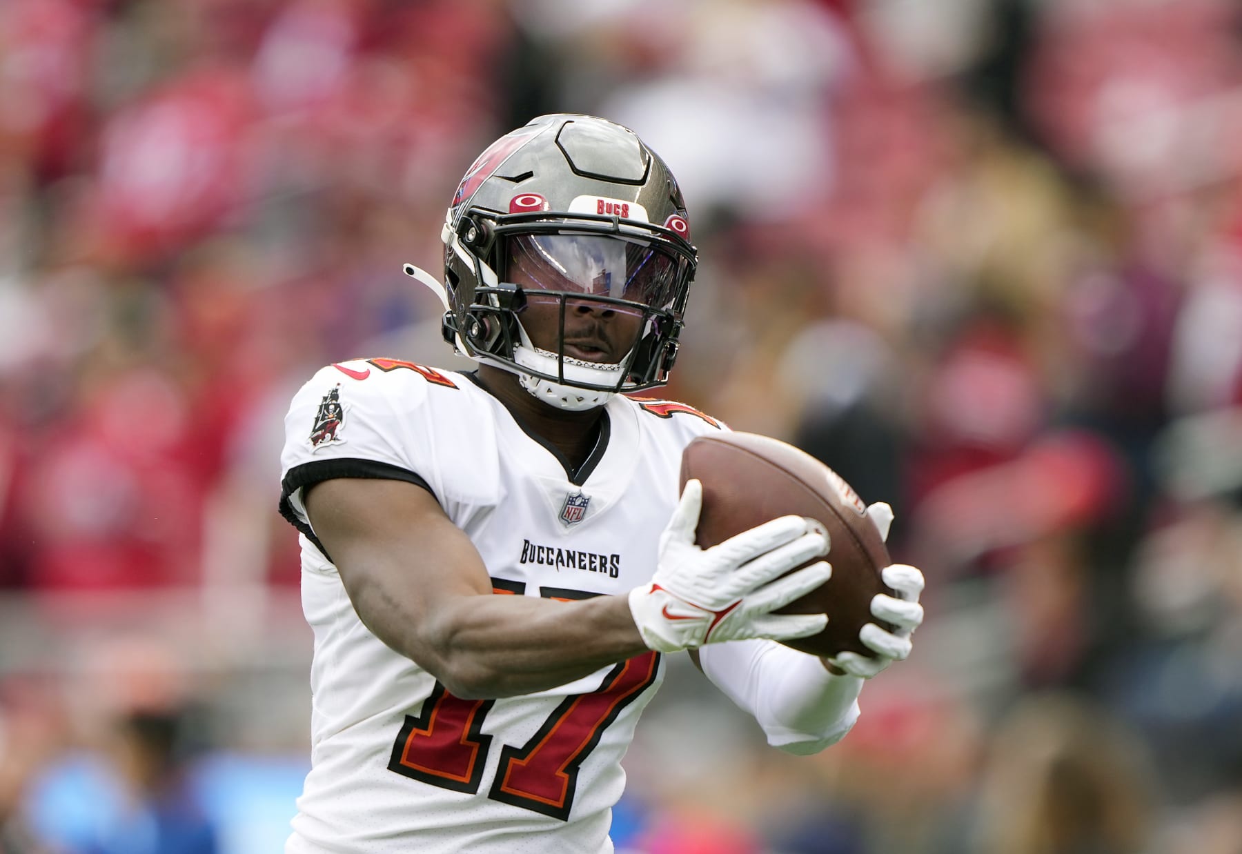 SANTA CLARA, CALIFORNIA - DECEMBER 11: Russell Gage Jr. #17 of the Tampa Bay Buccaneers warms up during pregame warm ups prior to the start of the game against the San Francisco 49ers at Levi's Stadium on December 11, 2022 in Santa Clara, California. (Photo by Thearon W. Henderson/Getty Images)