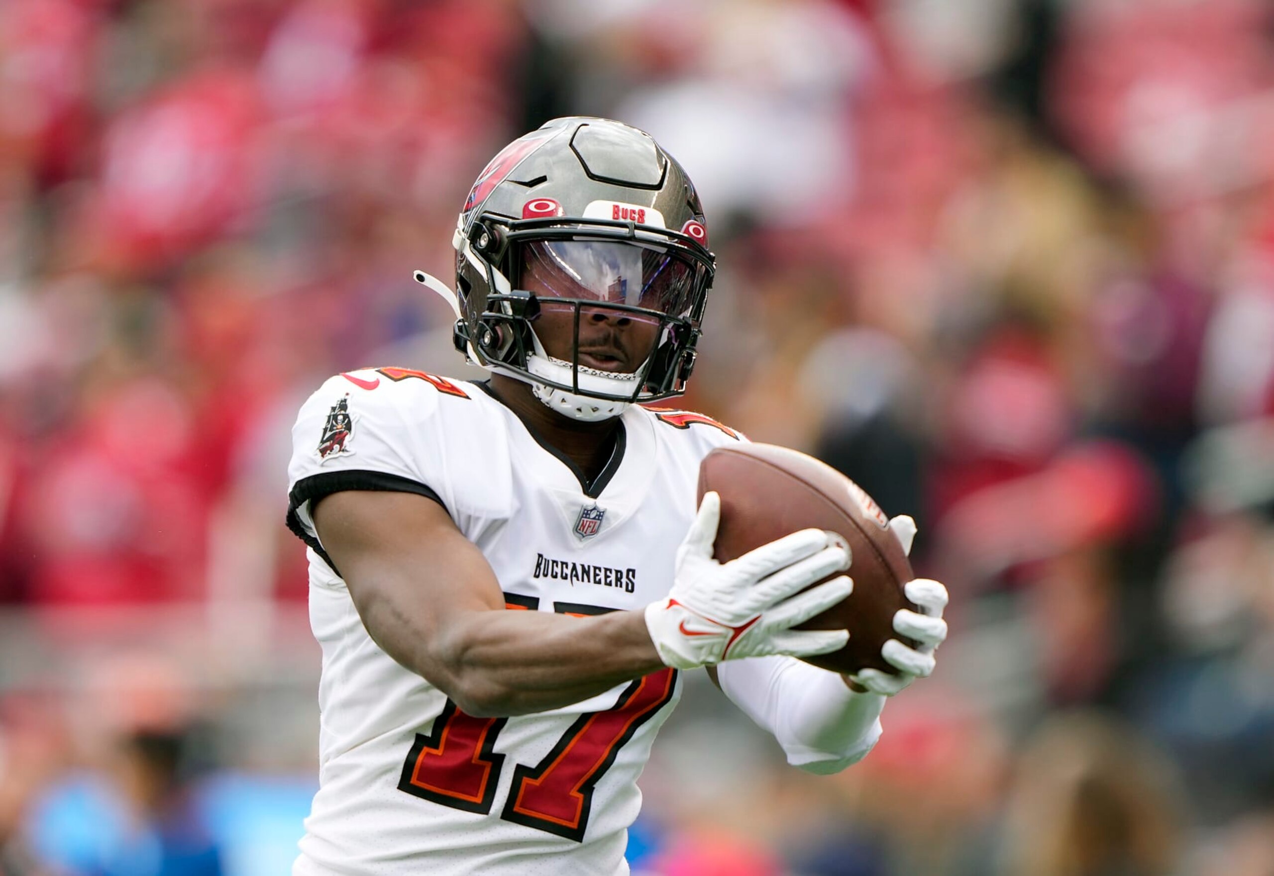 SANTA CLARA, CALIFORNIA - DECEMBER 11: Russell Gage Jr. #17 of the Tampa Bay Buccaneers warms up during pregame warm ups prior to the start of the game against the San Francisco 49ers at Levi's Stadium on December 11, 2022 in Santa Clara, California. (Photo by Thearon W. Henderson/Getty Images)