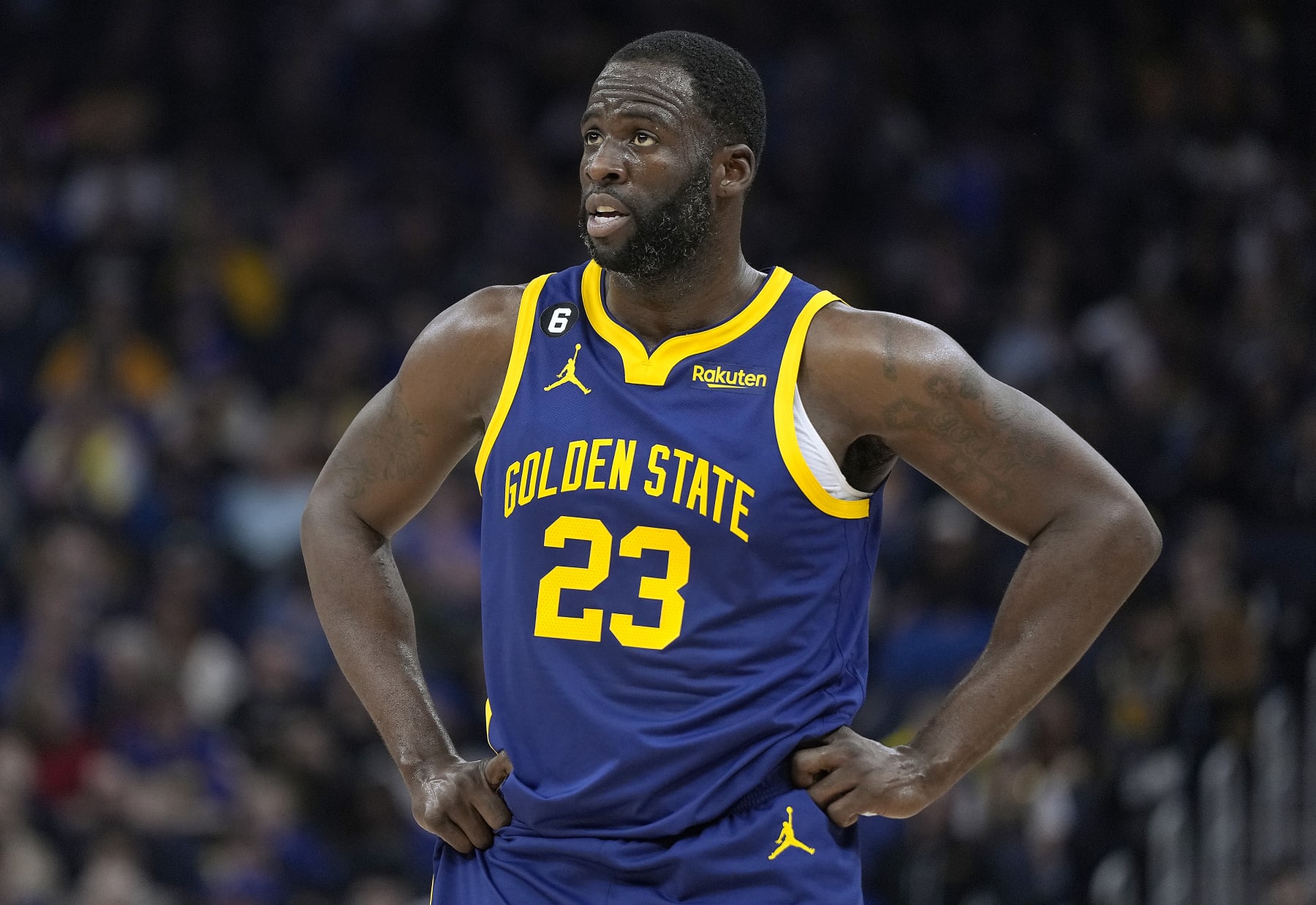 SAN FRANCISCO, CALIFORNIA - FEBRUARY 04: Draymond Green #23 of the Golden State Warriors looks on against the Dallas Mavericks during the second quarter of an NBA basketball game at Chase Center on February 04, 2023 in San Francisco, California. NOTE TO USER: User expressly acknowledges and agrees that, by downloading and or using this photograph, User is consenting to the terms and conditions of the Getty Images License Agreement. (Photo by Thearon W. Henderson/Getty Images)