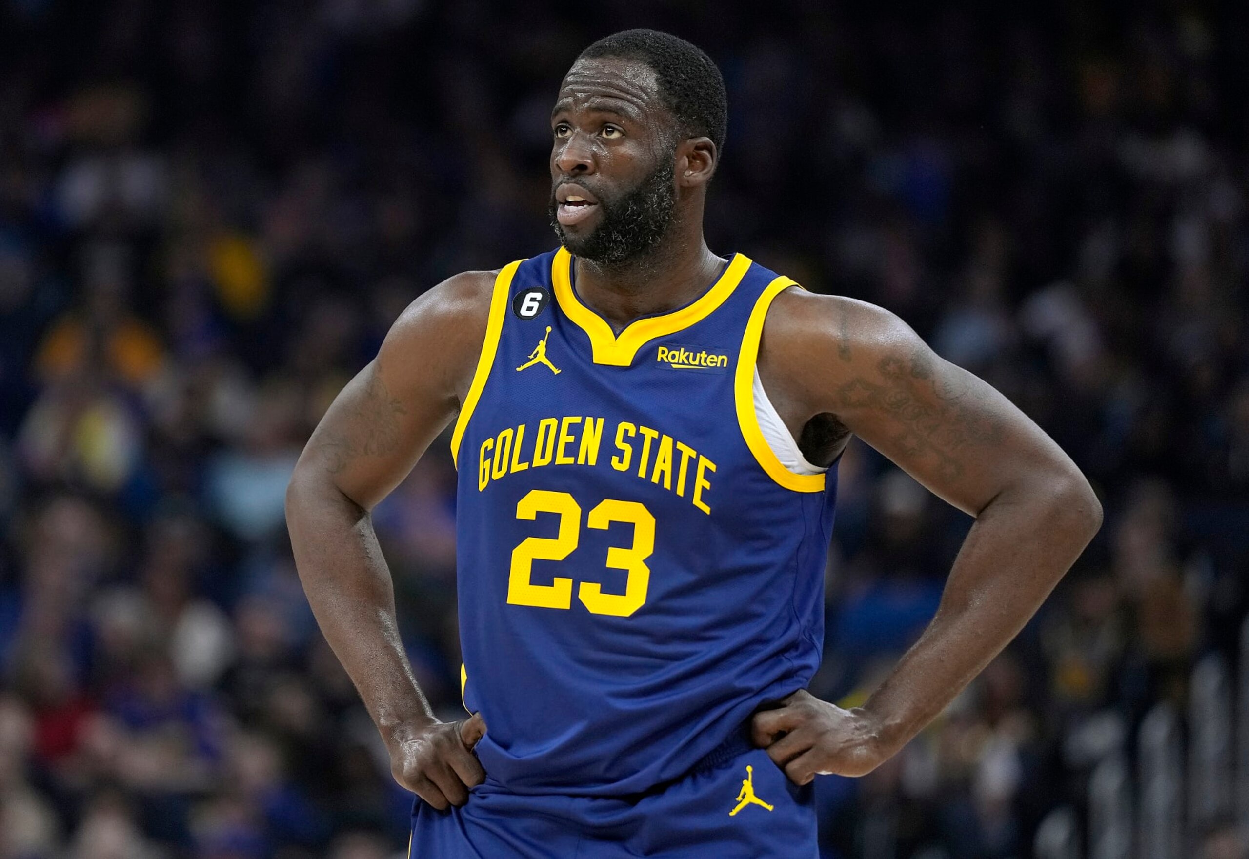 SAN FRANCISCO, CALIFORNIA - FEBRUARY 04: Draymond Green #23 of the Golden State Warriors looks on against the Dallas Mavericks during the second quarter of an NBA basketball game at Chase Center on February 04, 2023 in San Francisco, California. NOTE TO USER: User expressly acknowledges and agrees that, by downloading and or using this photograph, User is consenting to the terms and conditions of the Getty Images License Agreement. (Photo by Thearon W. Henderson/Getty Images) SAN FRANCISCO, CALIFORNIA - FEBRUARY 04: Draymond Green #23 of the Golden State Warriors looks on against the Dallas Mavericks during the second quarter of an NBA basketball game at Chase Center on February 04, 2023 in San Francisco, California. NOTE TO USER: User expressly acknowledges and agrees that, by downloading and or using this photograph, User is consenting to the terms and conditions of the Getty Images License Agreement. (Photo by Thearon W. Henderson/Getty Images)