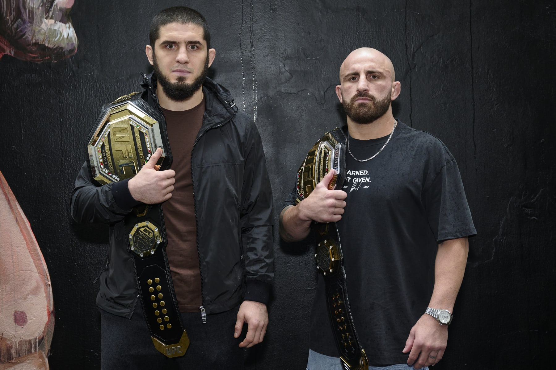 Islam Makhachev (left) and Alexander Volkanovski. 