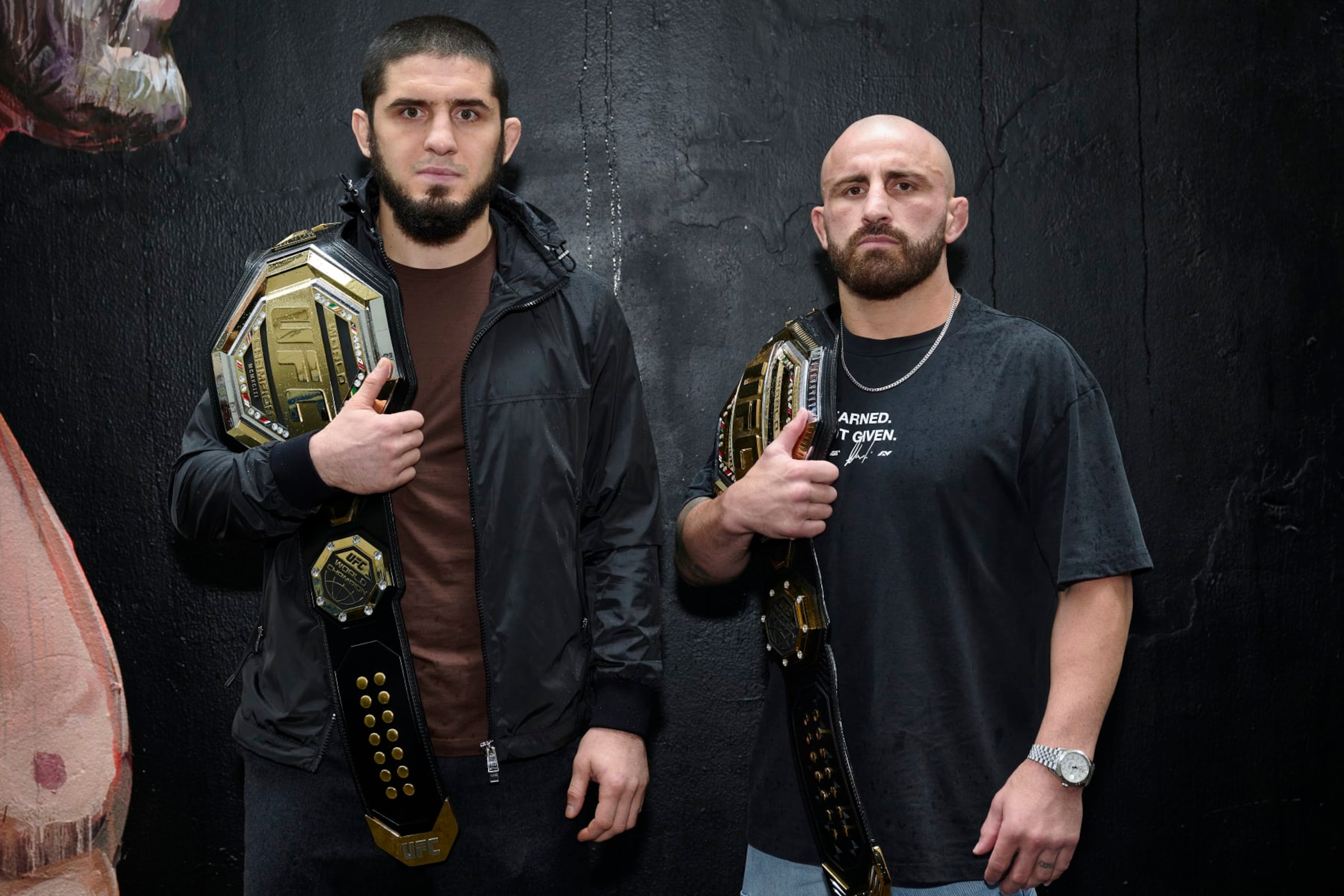 Islam Makhachev (left) and Alexander Volkanovski. 