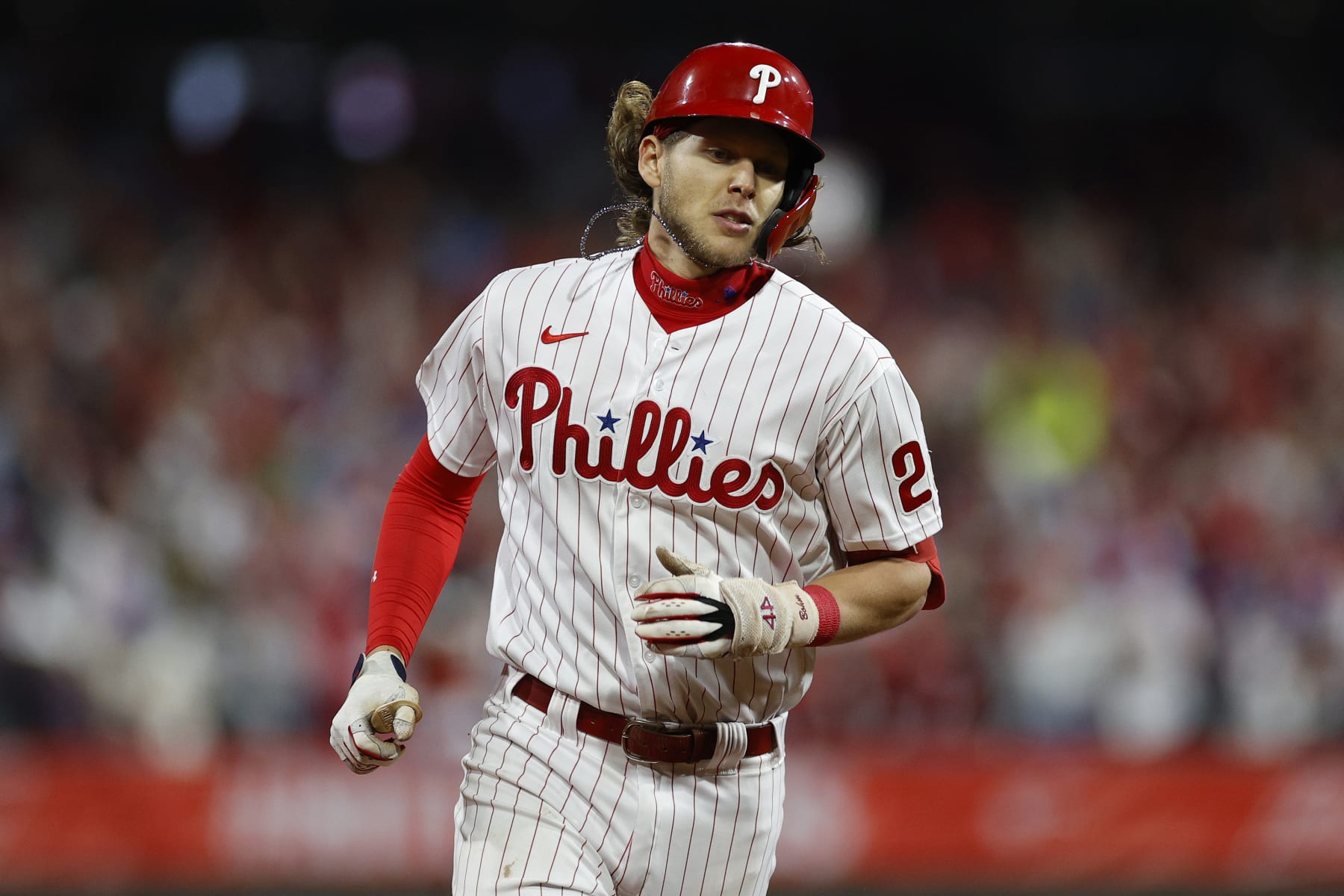 PHILADELPHIA, PENNSYLVANIA - NOVEMBER 01: Alec Bohm #28 of the Philadelphia Phillies rounds the bases after hitting a home run against the Houston Astros during the second inning in Game Three of the 2022 World Series at Citizens Bank Park on November 01, 2022 in Philadelphia, Pennsylvania. (Photo by Sarah Stier/Getty Images)