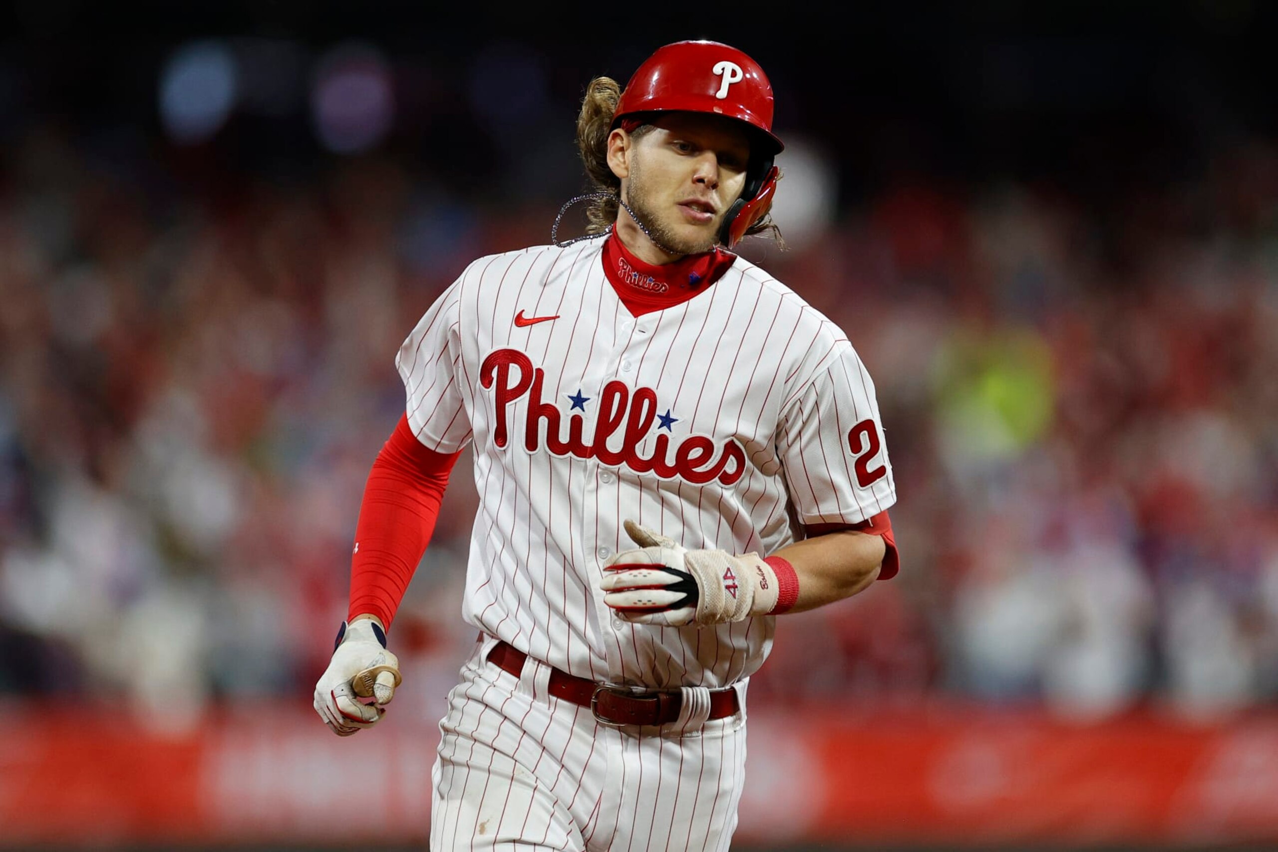 PHILADELPHIA, PENNSYLVANIA - NOVEMBER 01: Alec Bohm #28 of the Philadelphia Phillies rounds the bases after hitting a home run against the Houston Astros during the second inning in Game Three of the 2022 World Series at Citizens Bank Park on November 01, 2022 in Philadelphia, Pennsylvania. (Photo by Sarah Stier/Getty Images)